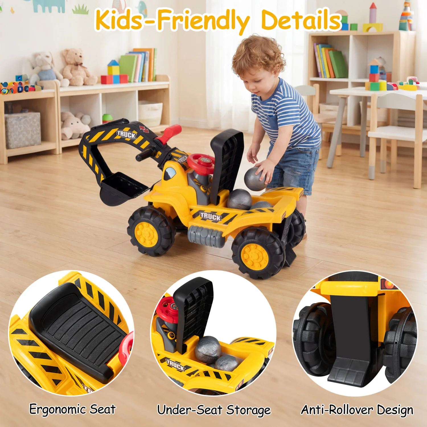 3-in-1 Ride on Excavator Bulldozer Detachable with Engine Sound and Helmet, Yellow - Image 9