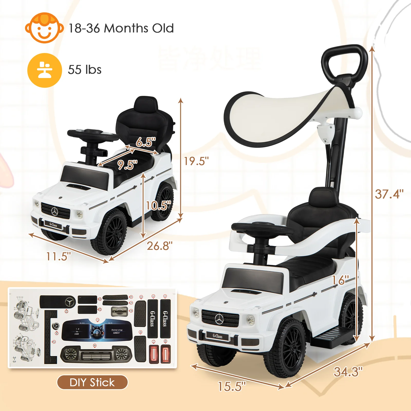3-In-1 Ride On Push Car Stroller, G350, White - Image 6