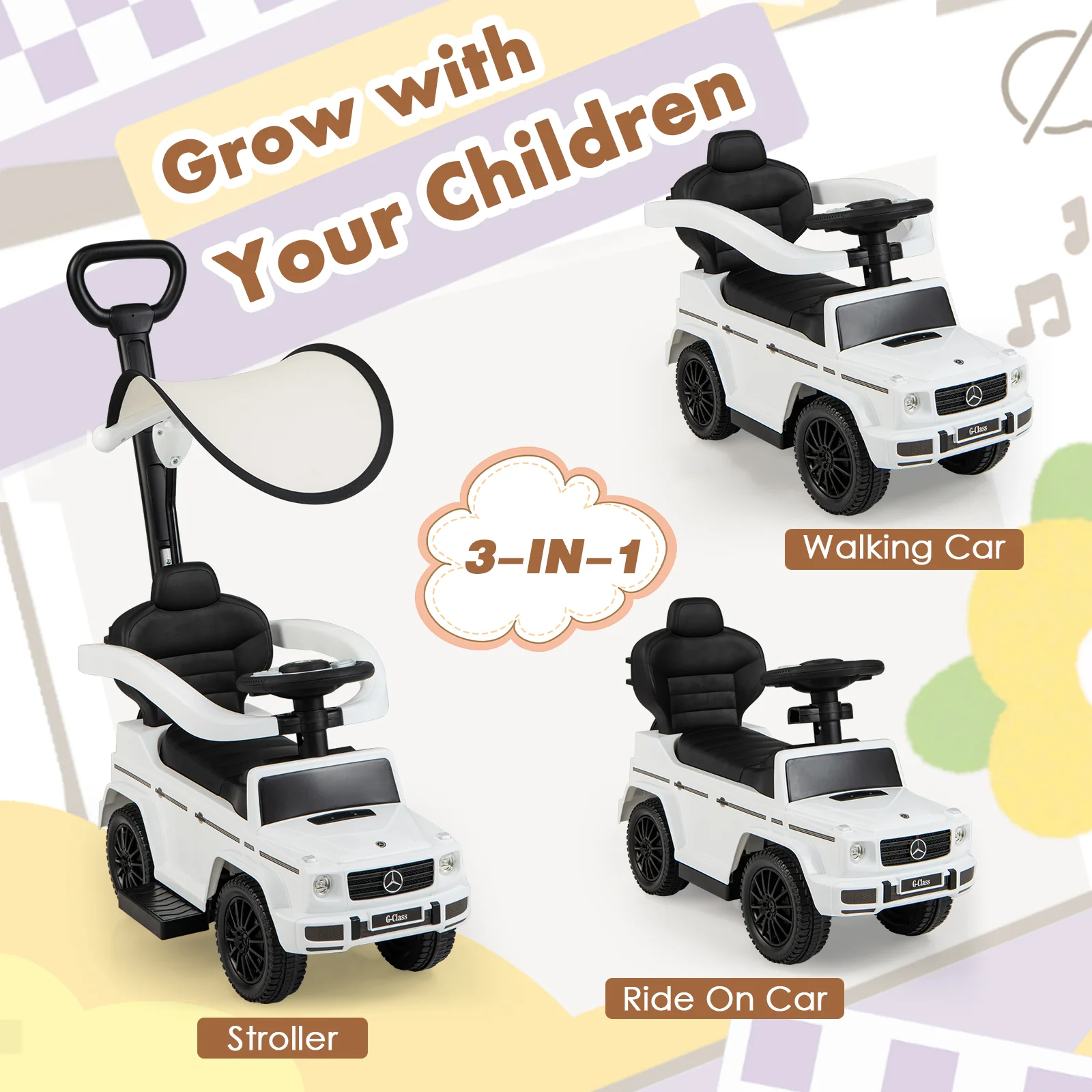 3-In-1 Ride On Push Car Stroller, G350, White - Image 7