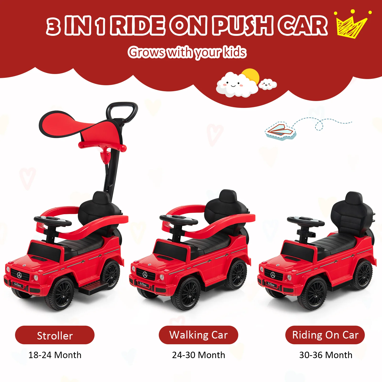 3-In-1 Ride On Push Car Stroller, Red - Image 7