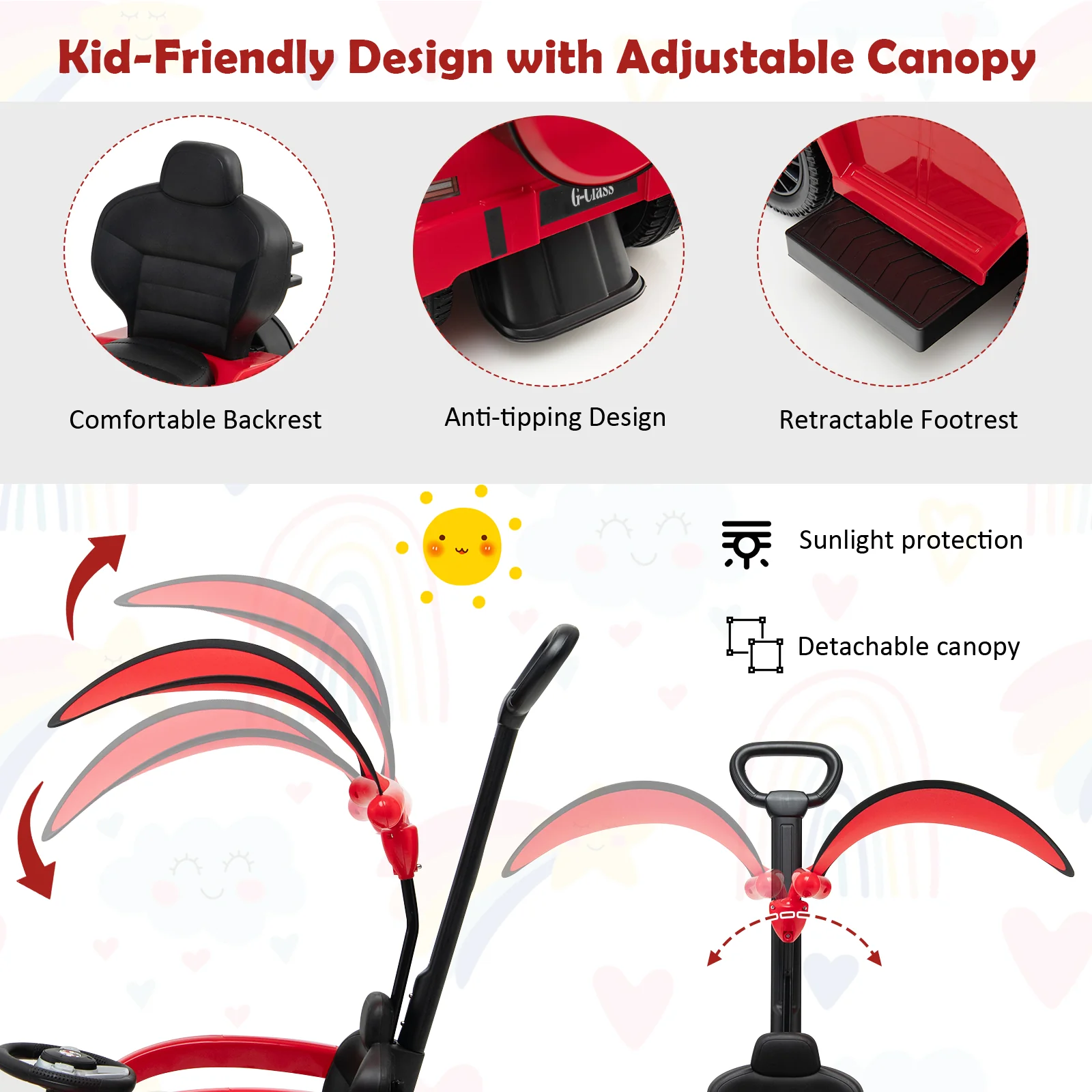 3-In-1 Ride On Push Car Stroller, Red - Image 8