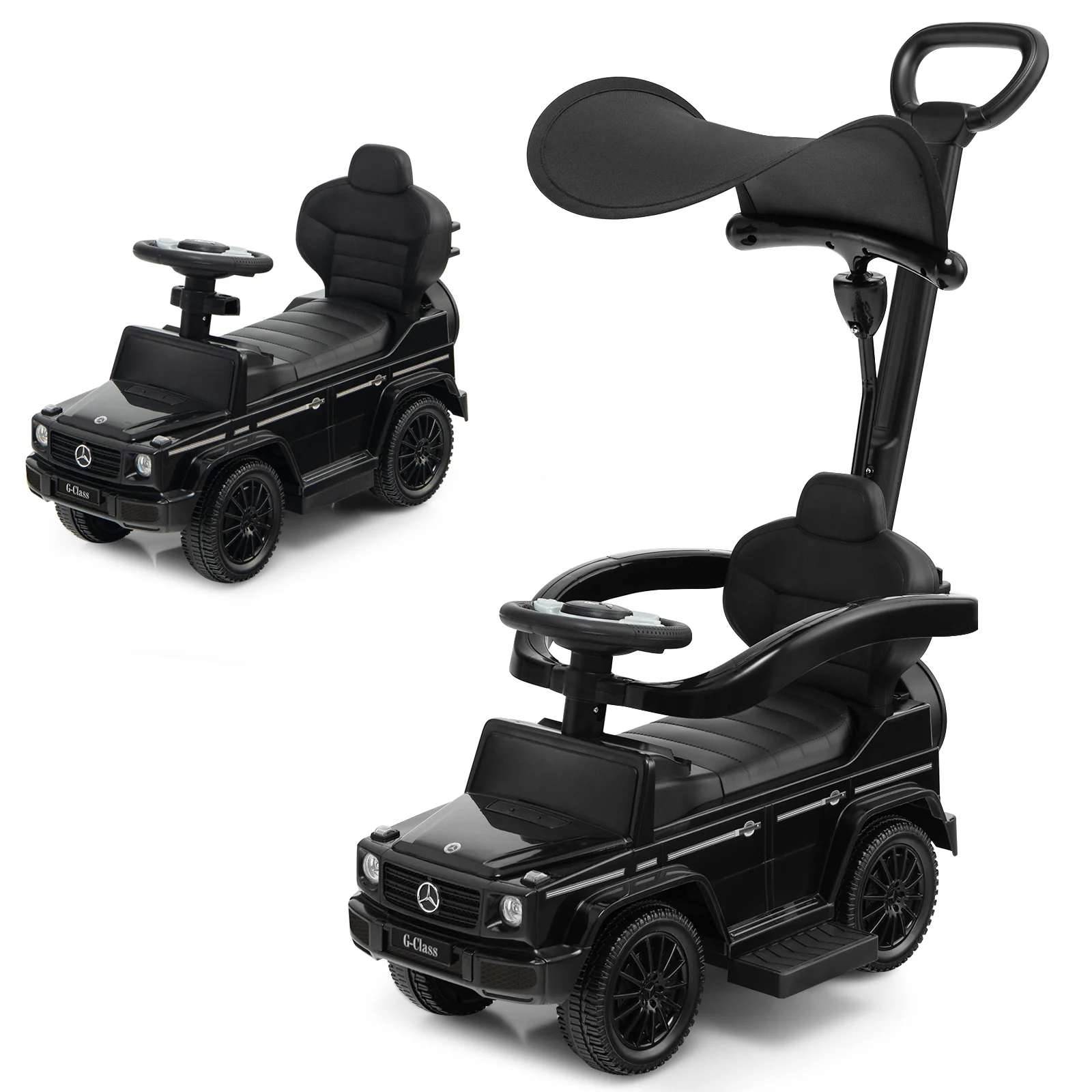 3-In-1 Ride On Push Car Stroller, Sliding Car With Canopy, Black