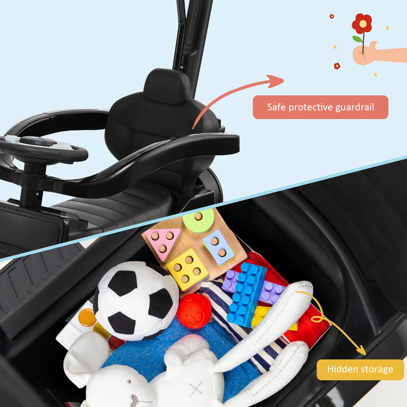 3-In-1 Ride On Push Car Stroller, Sliding Car With Canopy, Black - Image 10