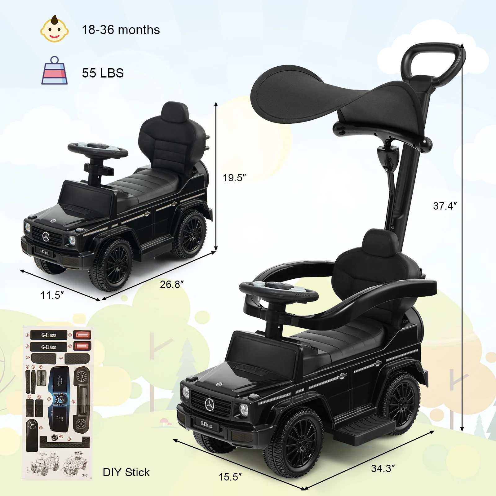3-In-1 Ride On Push Car Stroller, Sliding Car With Canopy, Black - Image 5