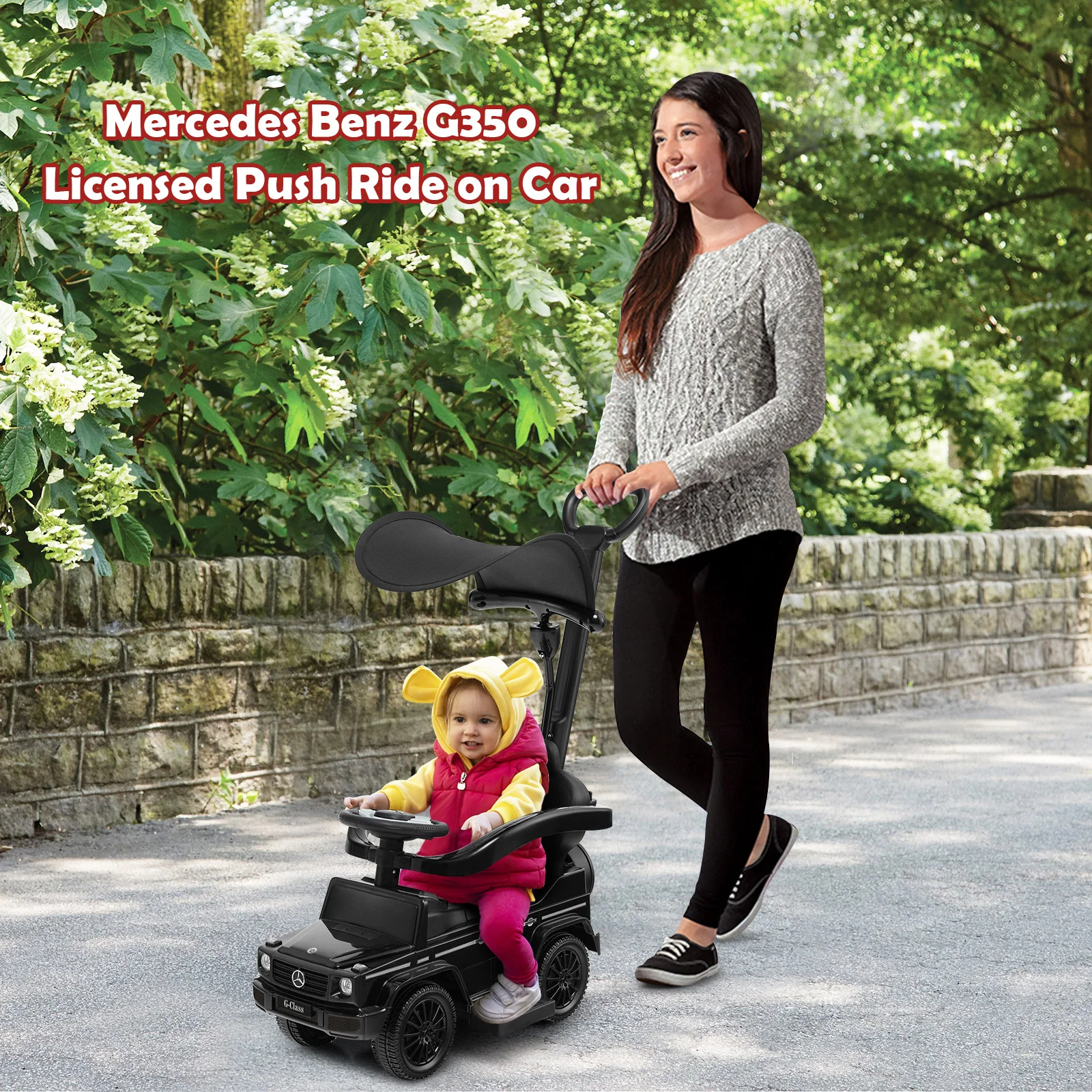 3-In-1 Ride On Push Car Stroller, Sliding Car With Canopy, Black - Image 6