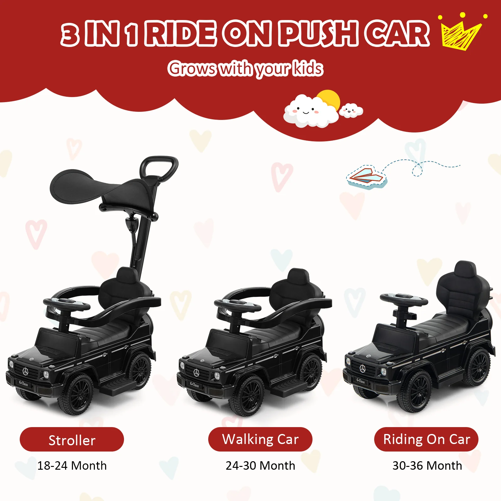 3-In-1 Ride On Push Car Stroller, Sliding Car With Canopy, Black - Image 7
