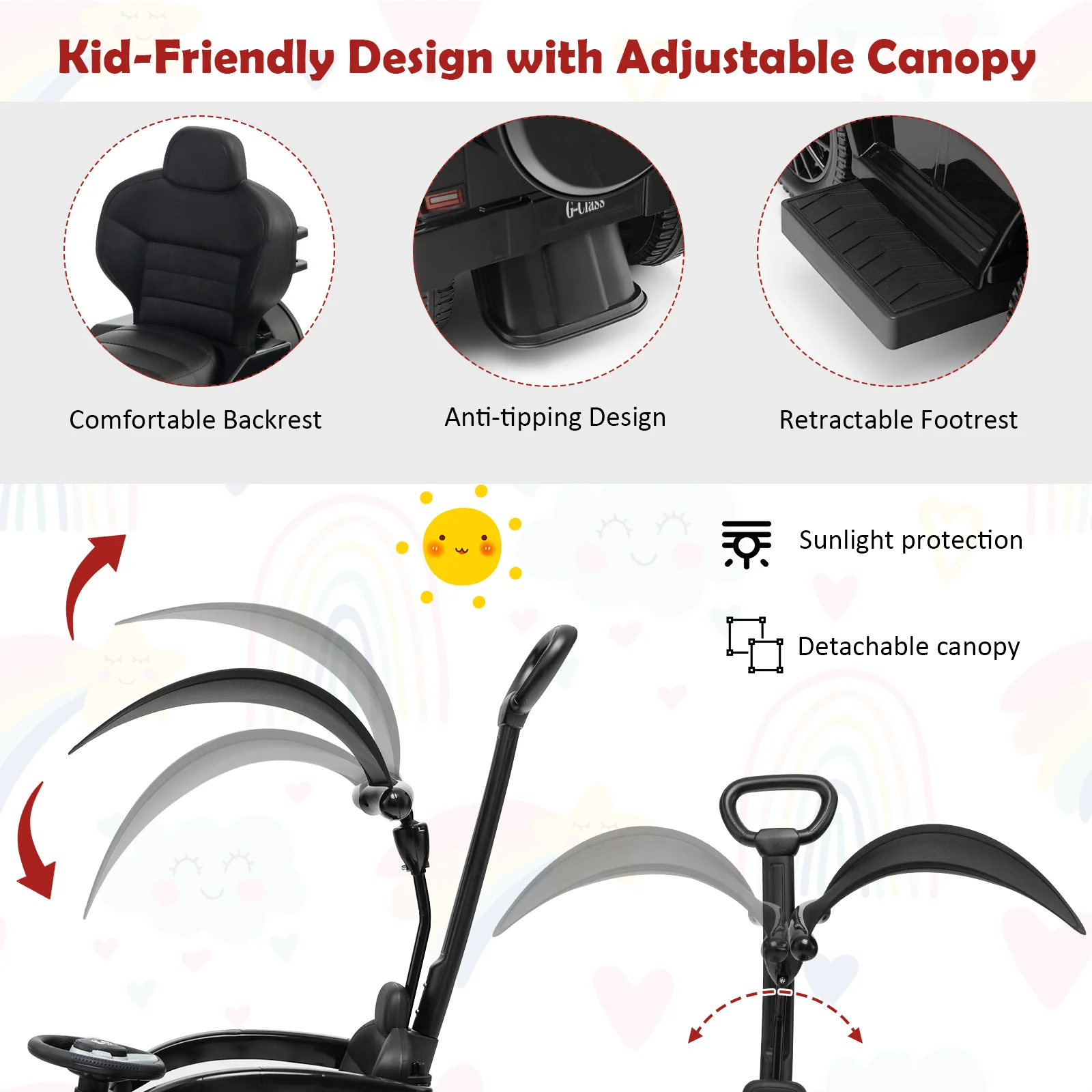 3-In-1 Ride On Push Car Stroller, Sliding Car With Canopy, Black - Image 8