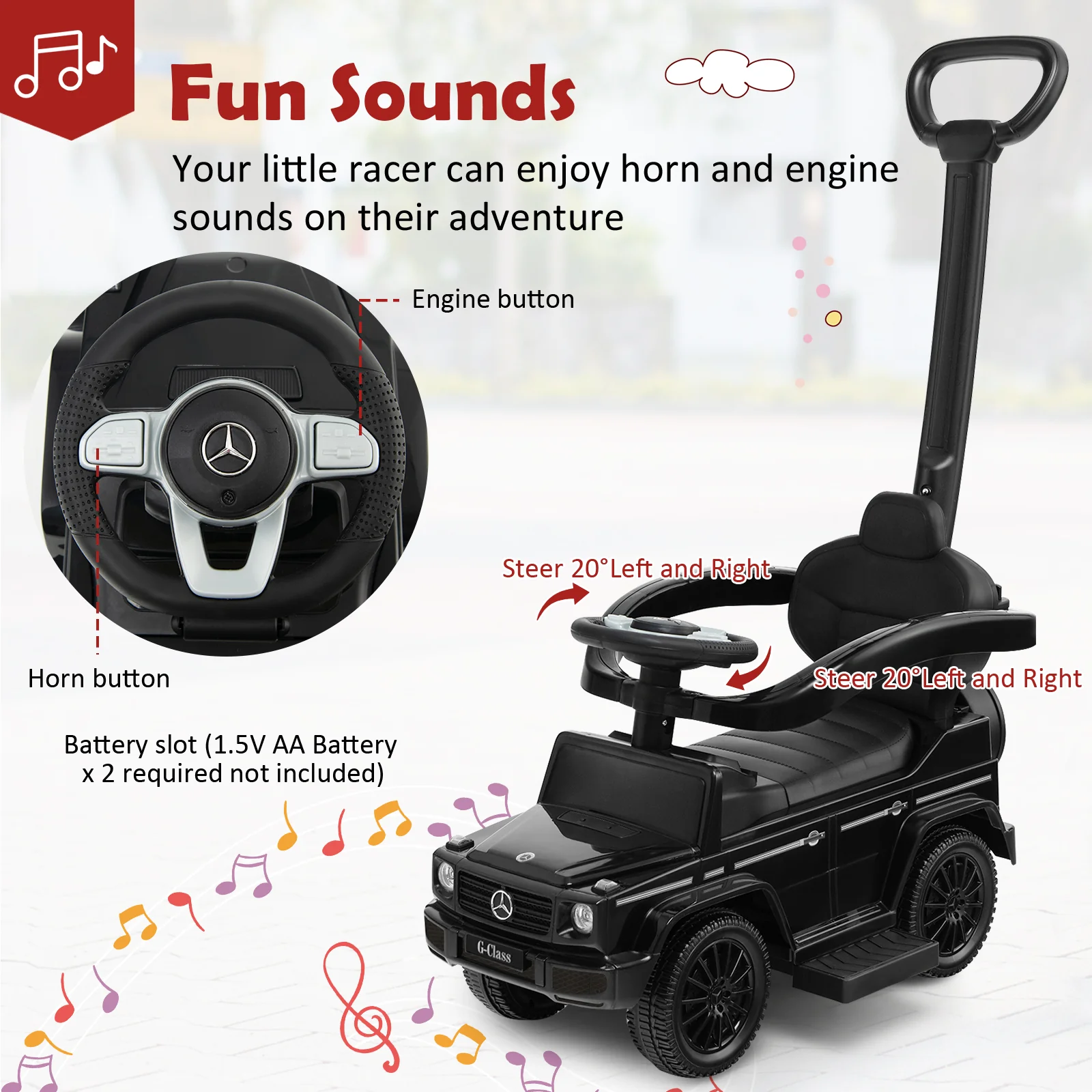 3-In-1 Ride On Push Car Stroller, Sliding Car With Canopy, Black - Image 9