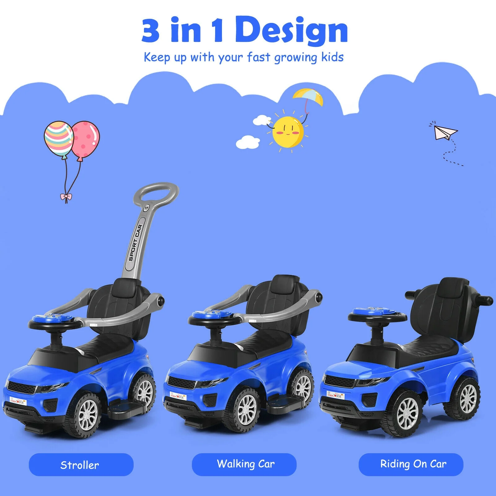 3 In 1 Ride On Push Car, Toddler Stroller, Blue - Image 10