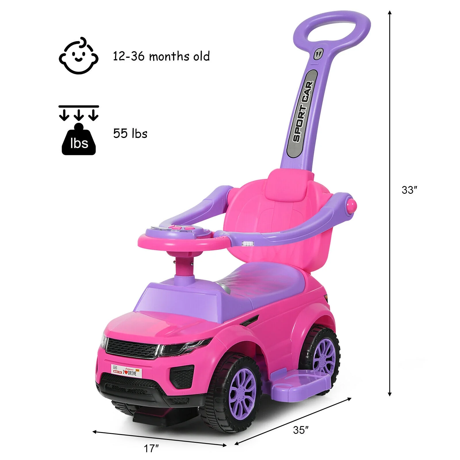 3 In 1 Ride On Push Car, Toddler Stroller, Pink - Image 6