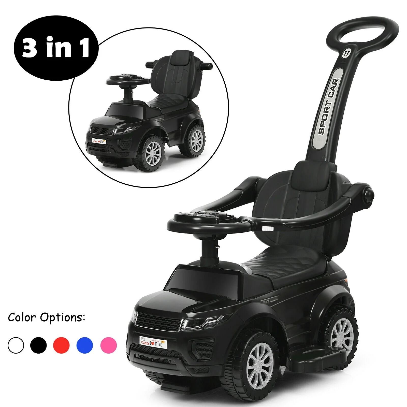 3 In 1 Ride On Push Car, Toddler Stroller Sliding Car With Music, Black - Image 10