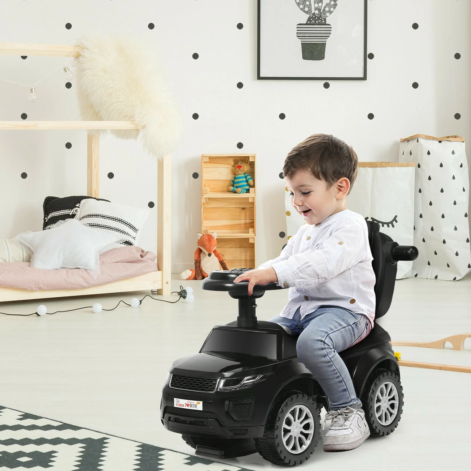 3 In 1 Ride On Push Car, Toddler Stroller Sliding Car With Music, Black - Image 2