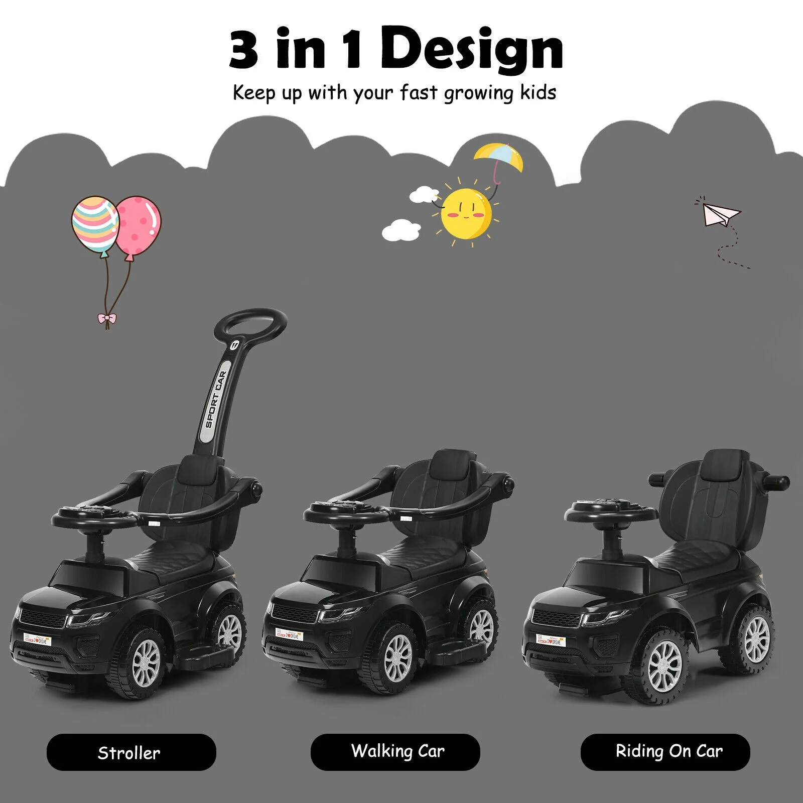 3 In 1 Ride On Push Car, Toddler Stroller Sliding Car With Music, Black - Image 8