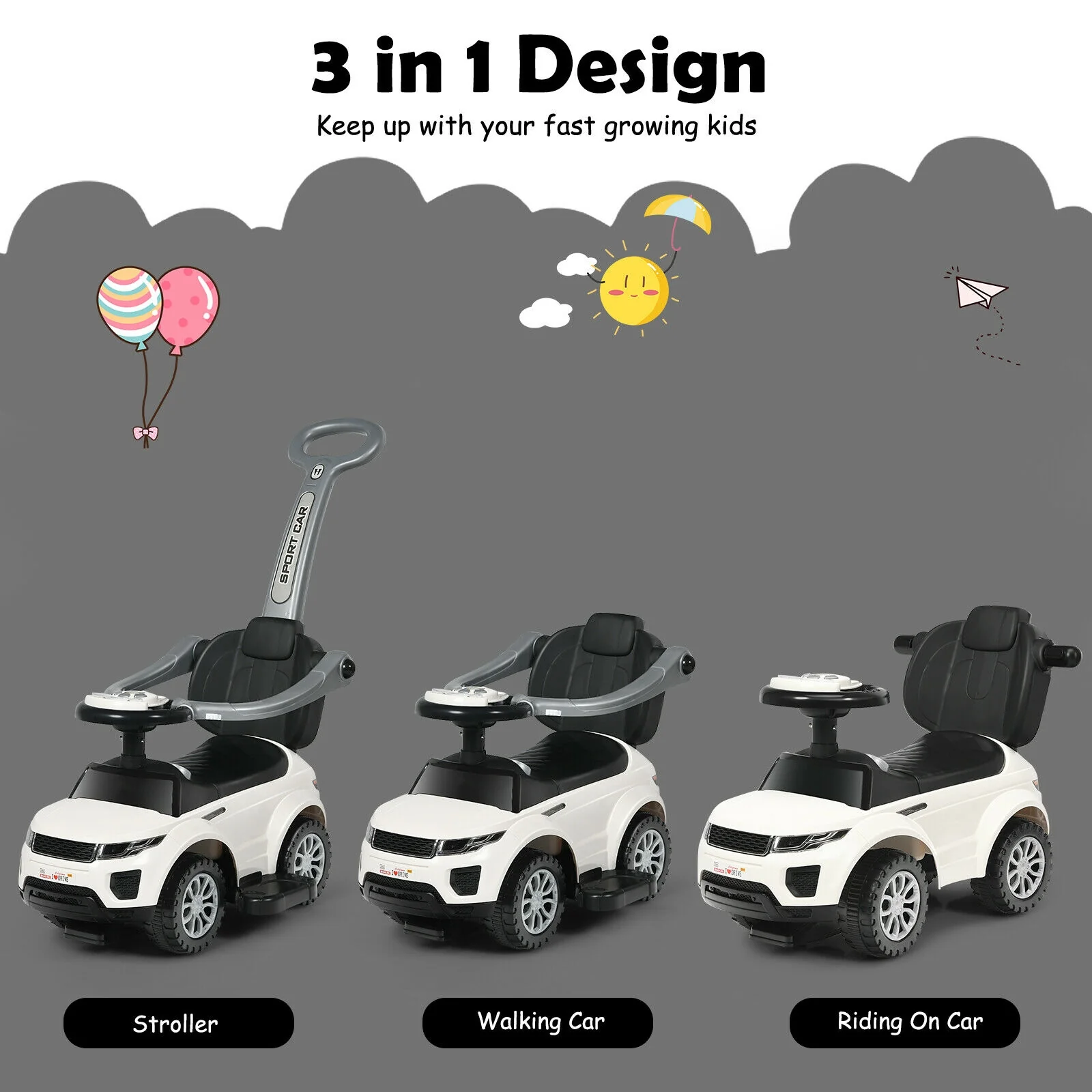 3 In 1 Ride On Push Car, Toddler Stroller, Sliding Car With Music, White - Image 10