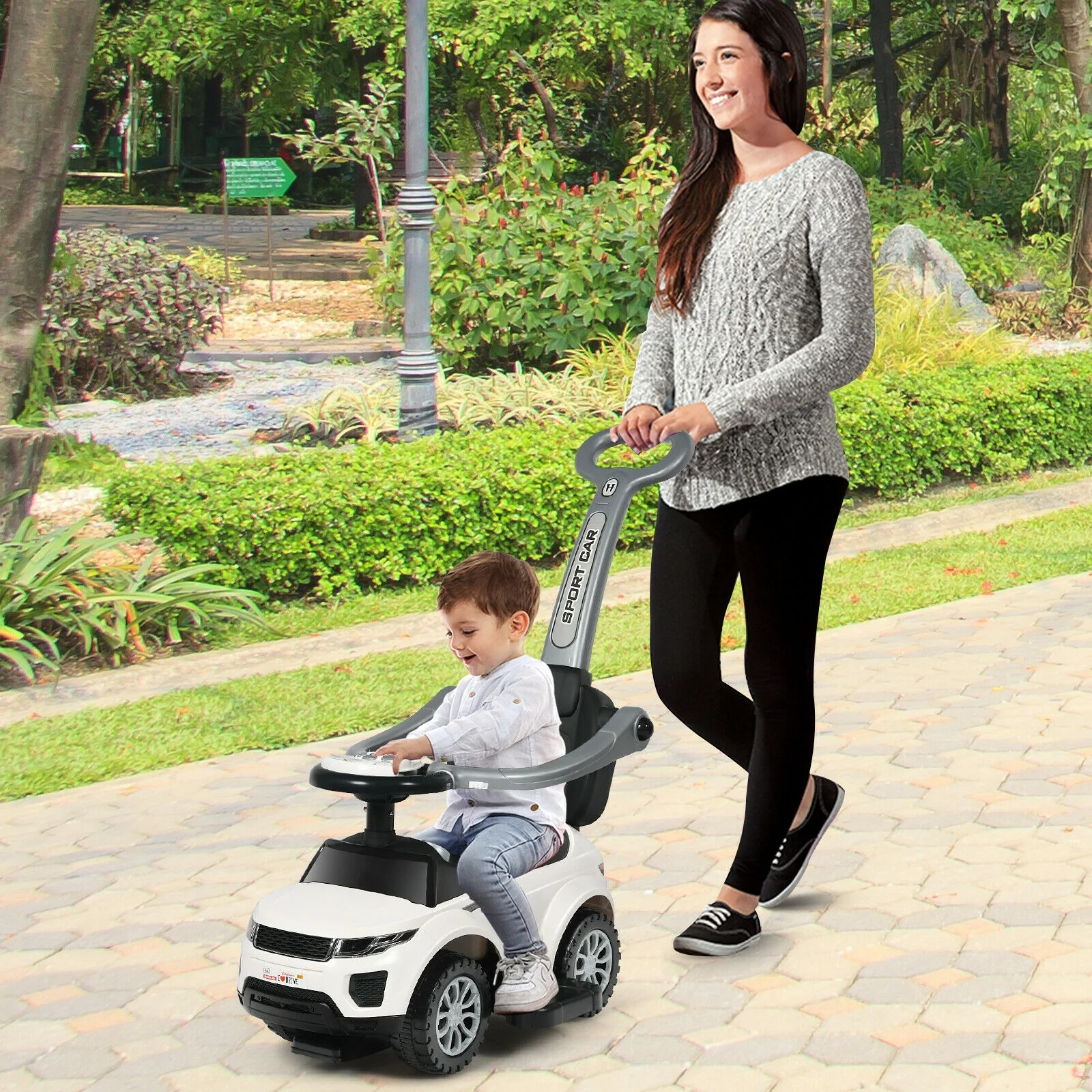 3 In 1 Ride On Push Car, Toddler Stroller, Sliding Car With Music, White - Image 2