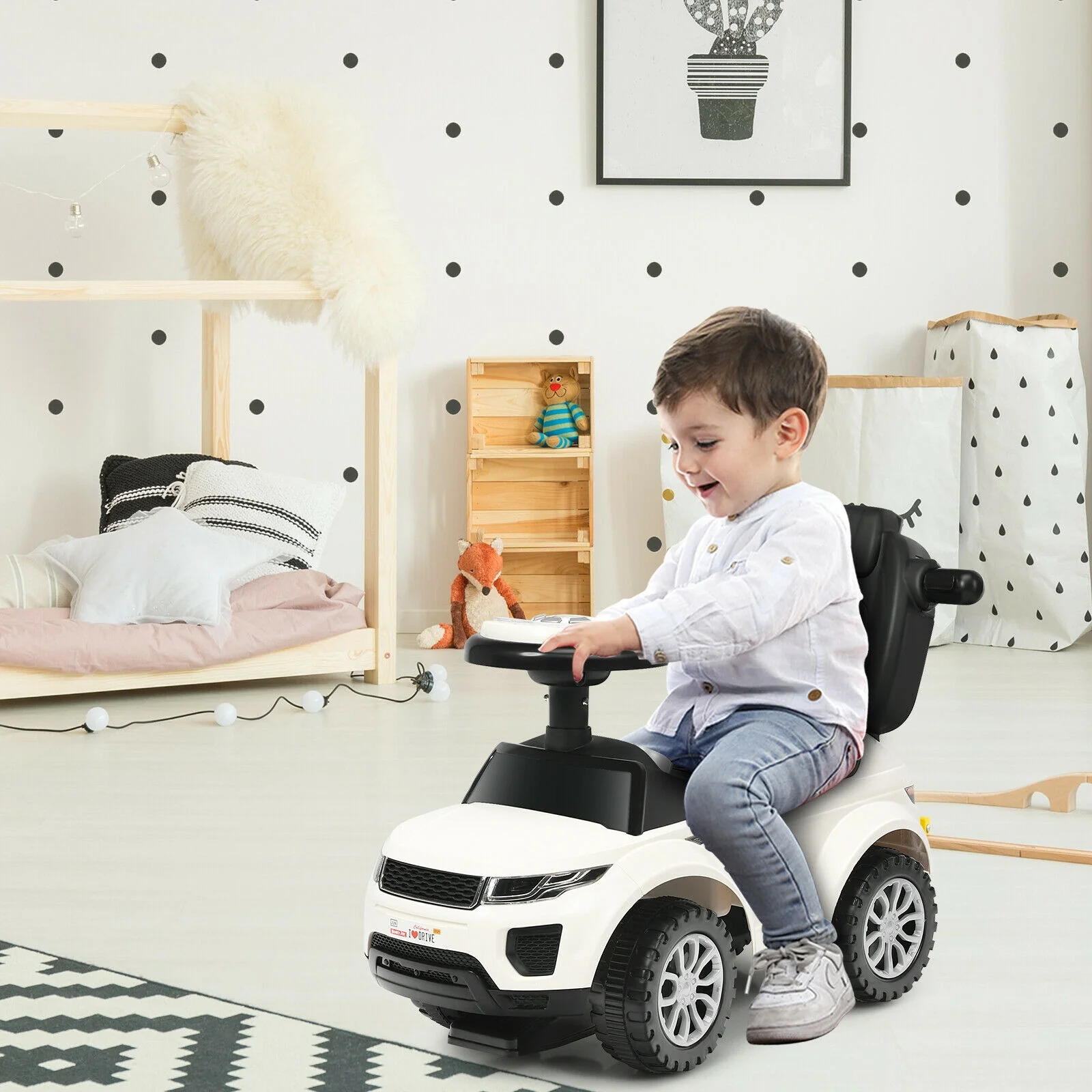 3 In 1 Ride On Push Car, Toddler Stroller, Sliding Car With Music, White - Image 3