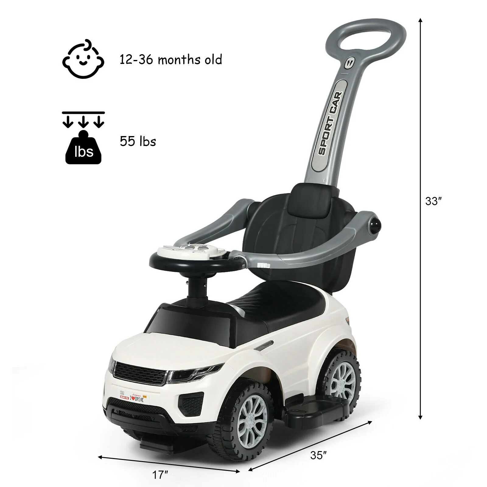 3 In 1 Ride On Push Car, Toddler Stroller, Sliding Car With Music, White - Image 6