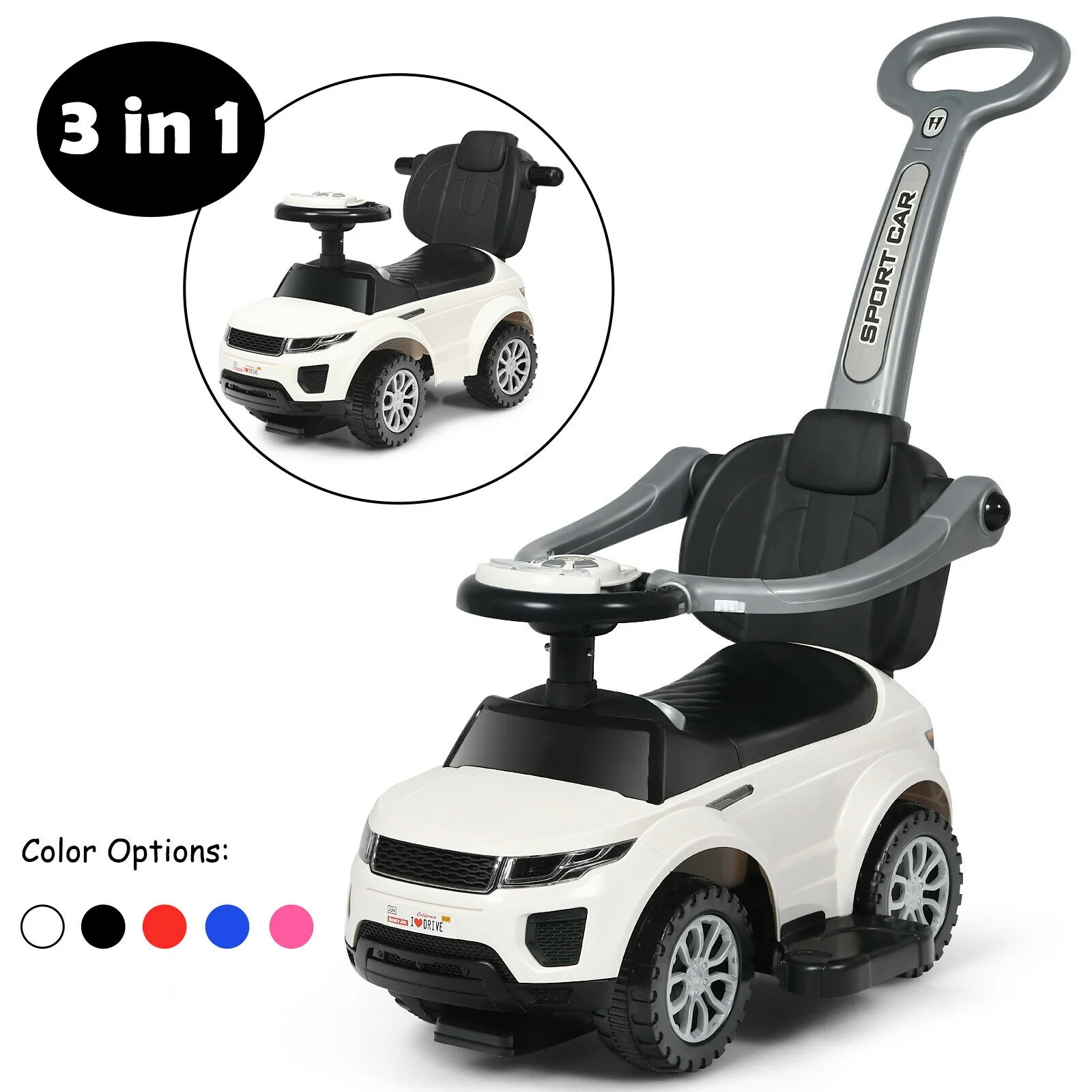 3 In 1 Ride On Push Car, Toddler Stroller, Sliding Car With Music, White - Image 9