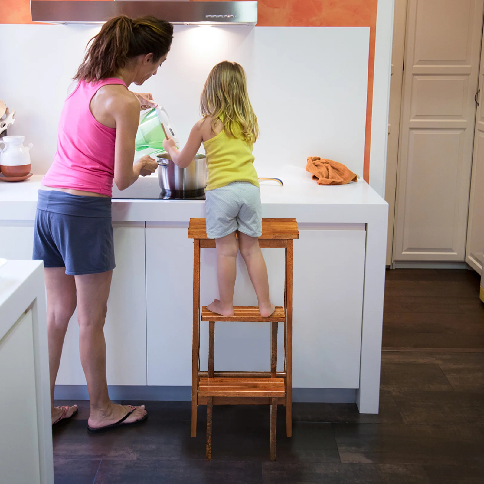 3-In-1 Rubber Wood Step Stool Ladder, 3 Tier, Coffee - Image 3