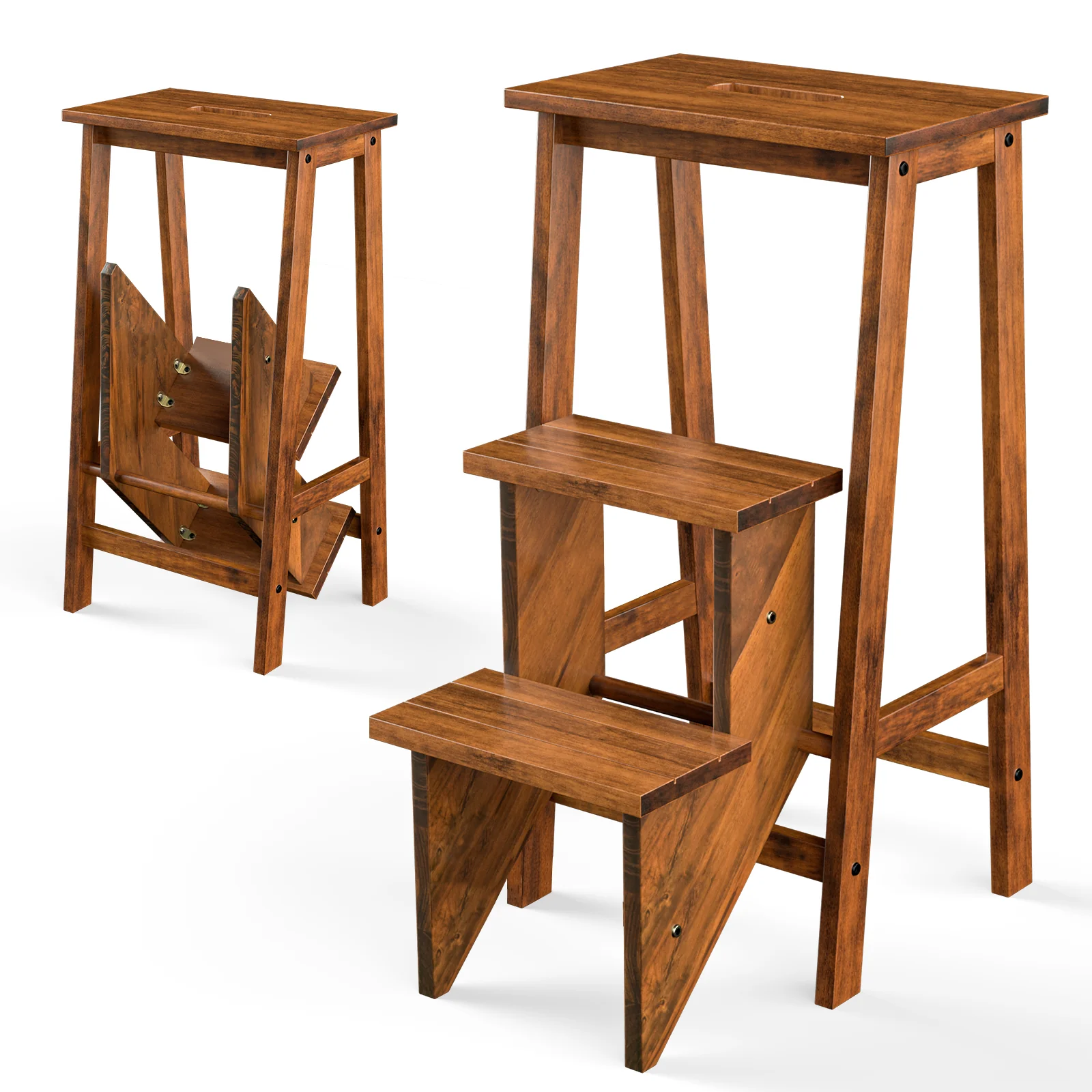 3-In-1 Rubber Wood Step Stool Ladder, 3 Tier, Coffee - Image 4