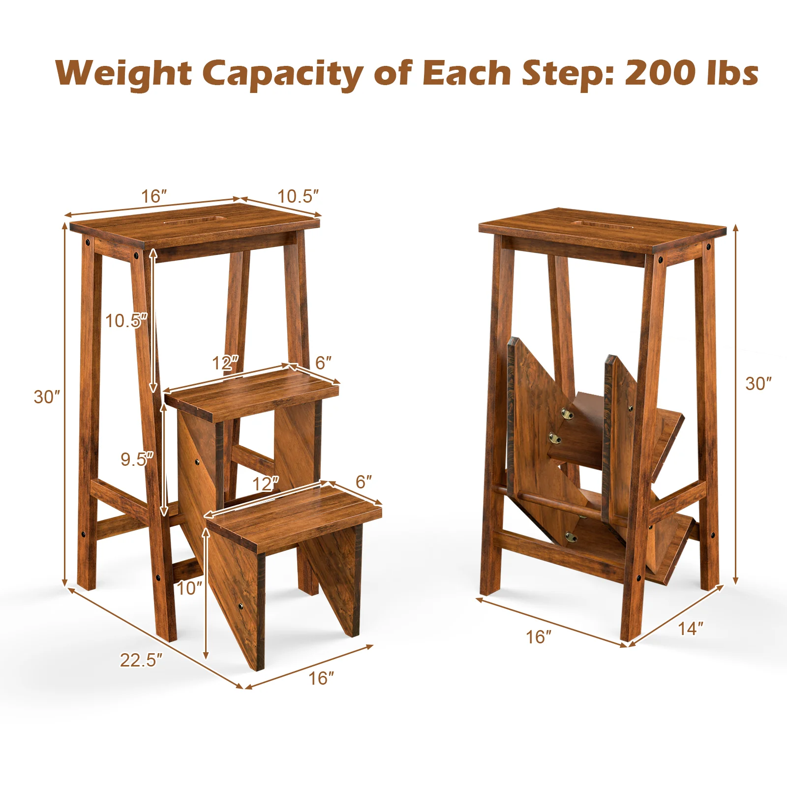 3-In-1 Rubber Wood Step Stool Ladder, 3 Tier, Coffee - Image 5