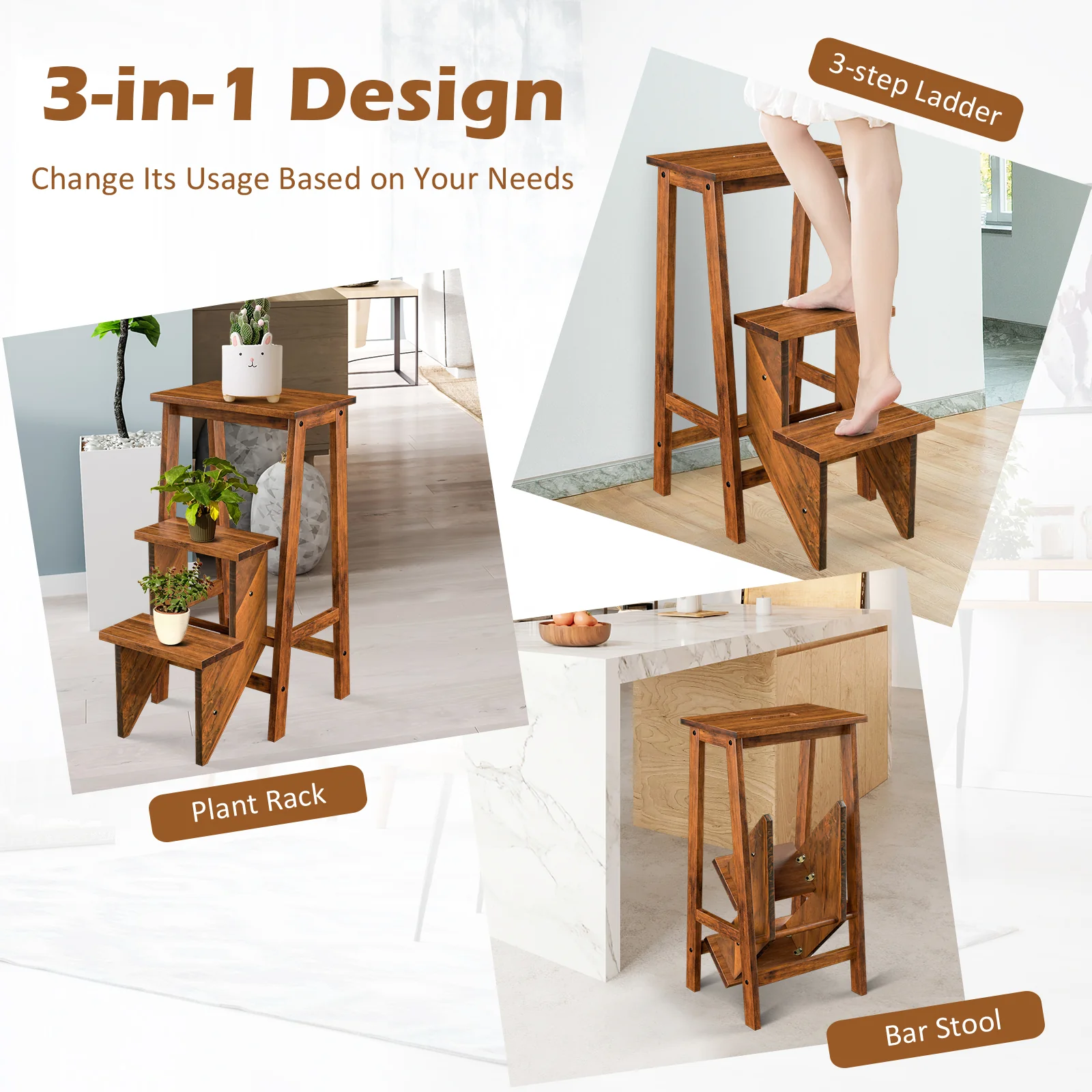 3-In-1 Rubber Wood Step Stool Ladder, 3 Tier, Coffee - Image 6
