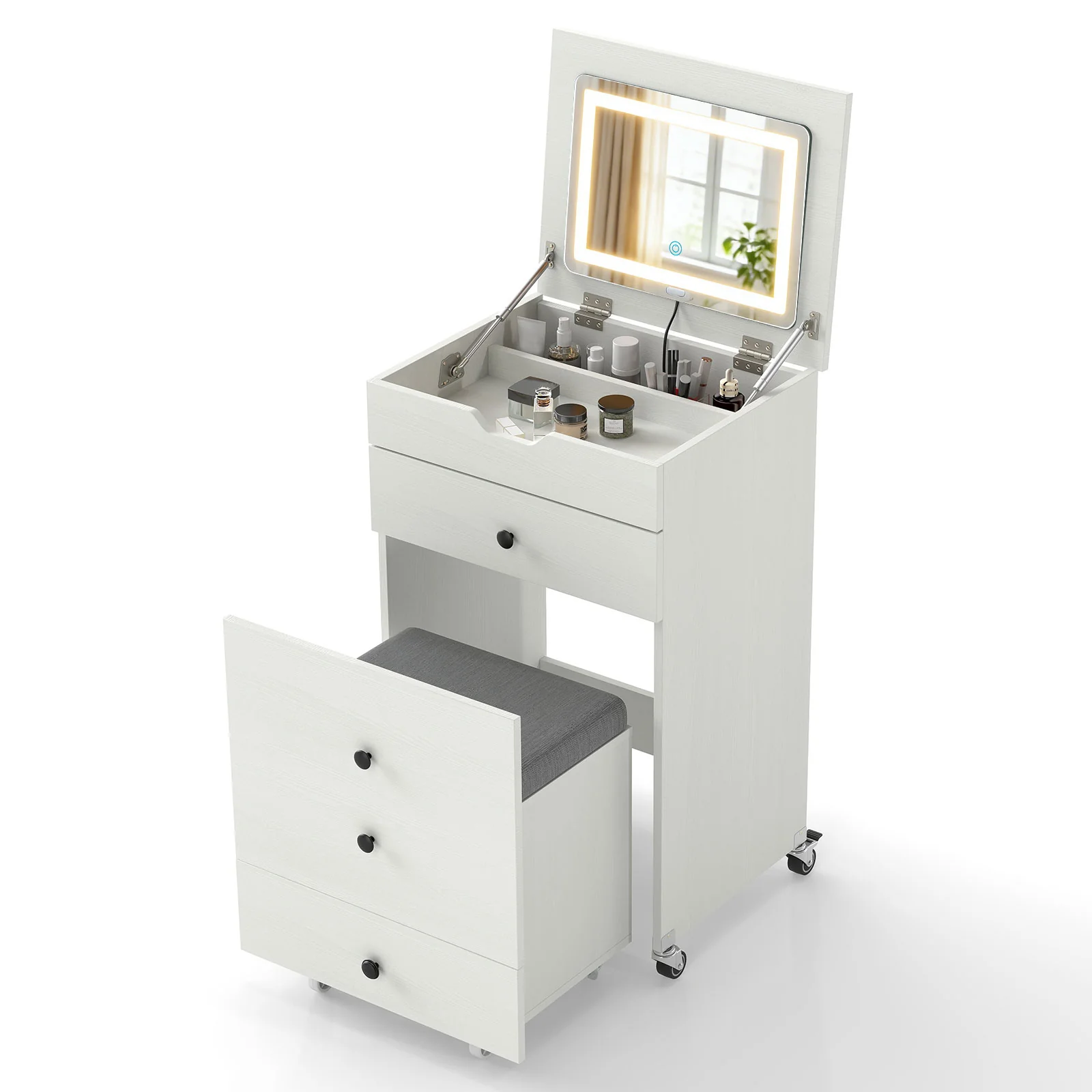 3-in-1 Small Vanity Desk Set with Flip-top Mirror and Lights with Drawers and Stool, White