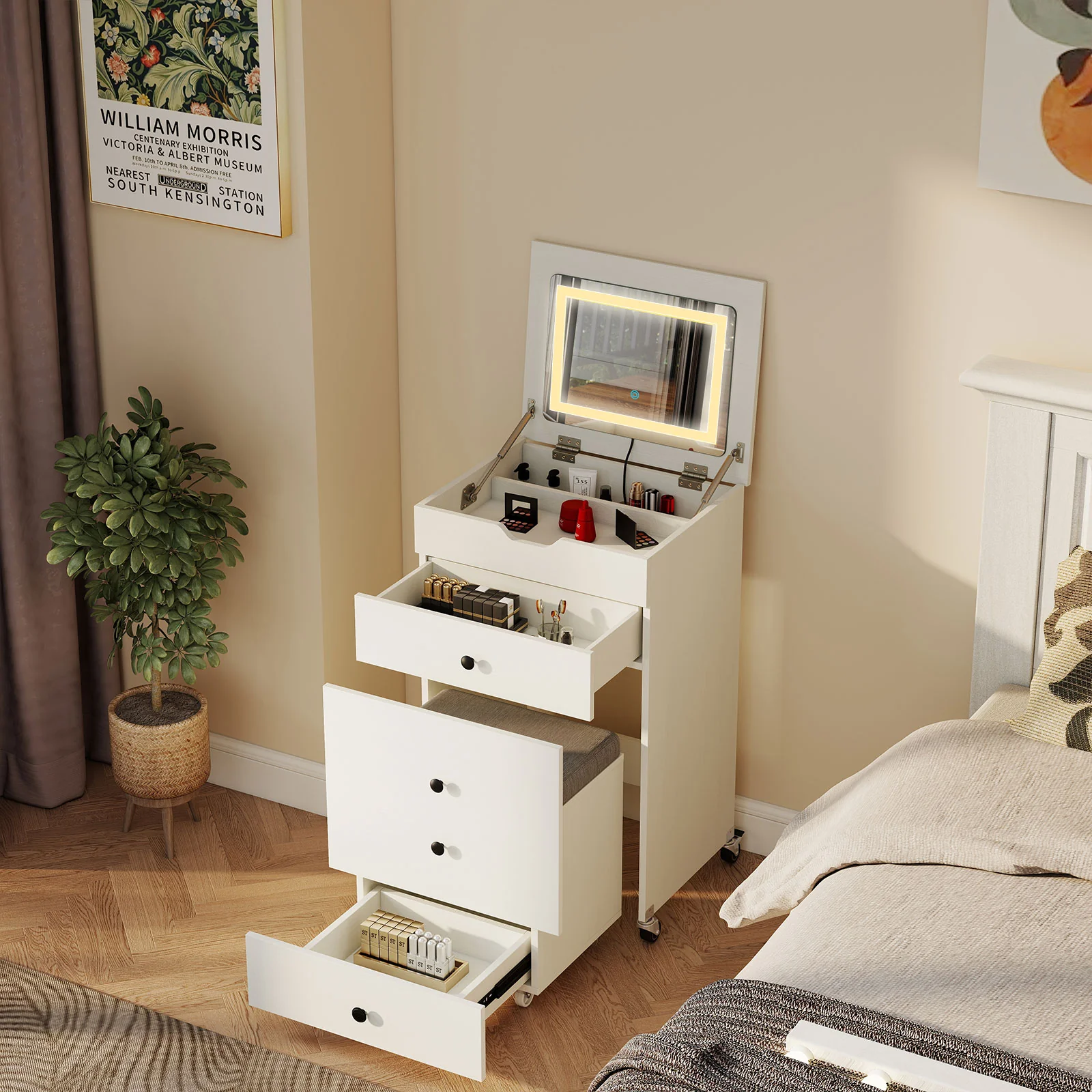 3-in-1 Small Vanity Desk Set with Flip-top Mirror and Lights with Drawers and Stool, White - Image 10