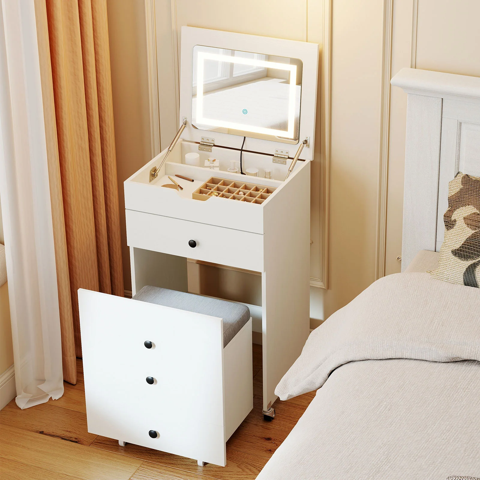 3-in-1 Small Vanity Desk Set with Flip-top Mirror and Lights with Drawers and Stool, White - Image 2