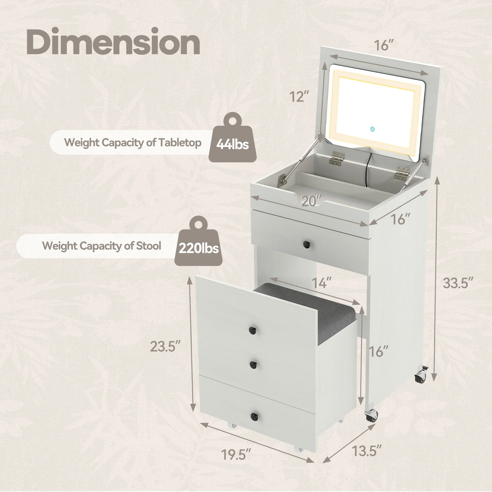 3-in-1 Small Vanity Desk Set with Flip-top Mirror and Lights with Drawers and Stool, White - Image 5