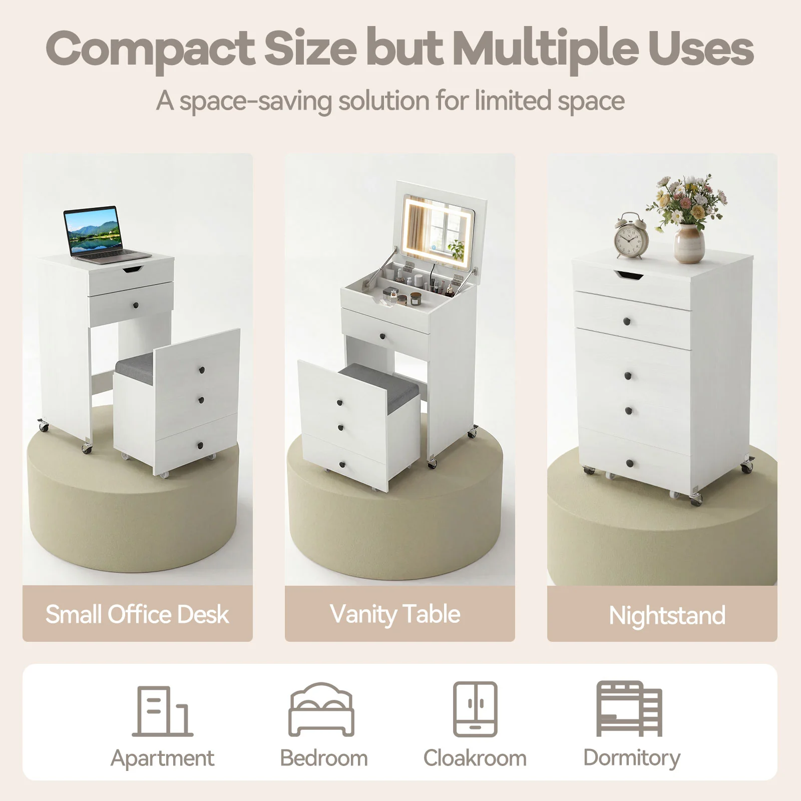 3-in-1 Small Vanity Desk Set with Flip-top Mirror and Lights with Drawers and Stool, White - Image 8