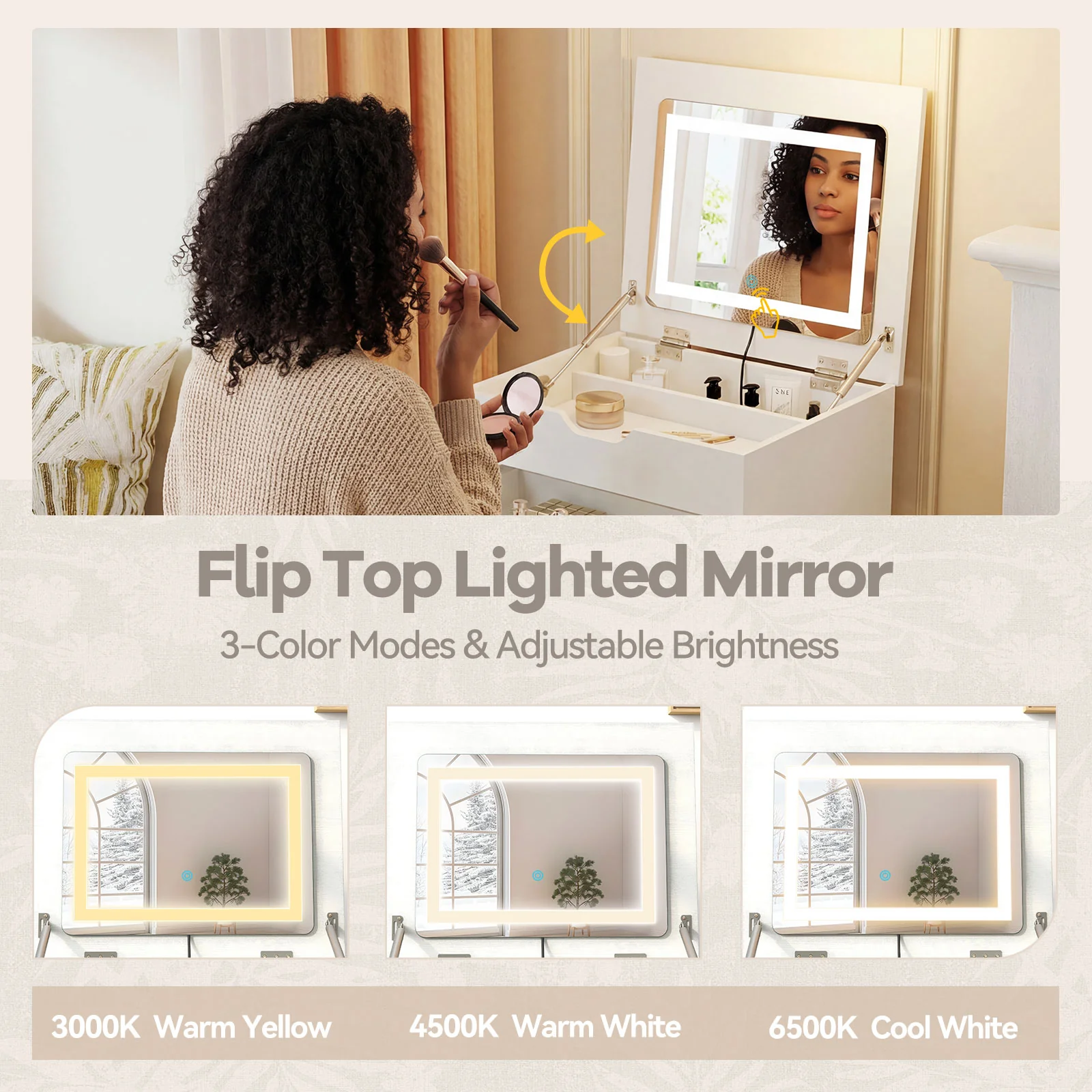 3-in-1 Small Vanity Desk Set with Flip-top Mirror and Lights with Drawers and Stool, White - Image 9