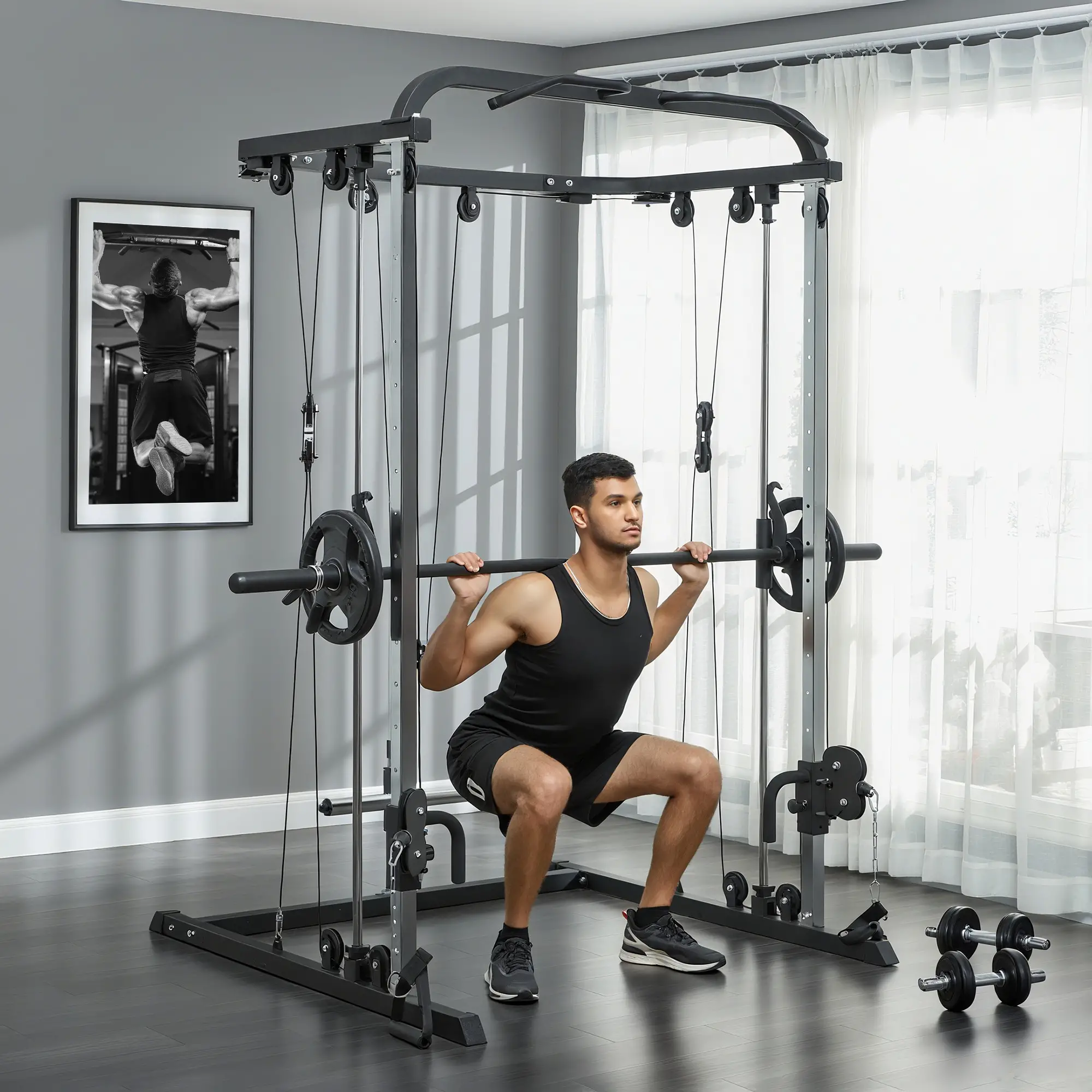 3 In 1 Smith Machine Power Rack, Cable Crossover, Pull Up Station, Squat Rack - Image 2