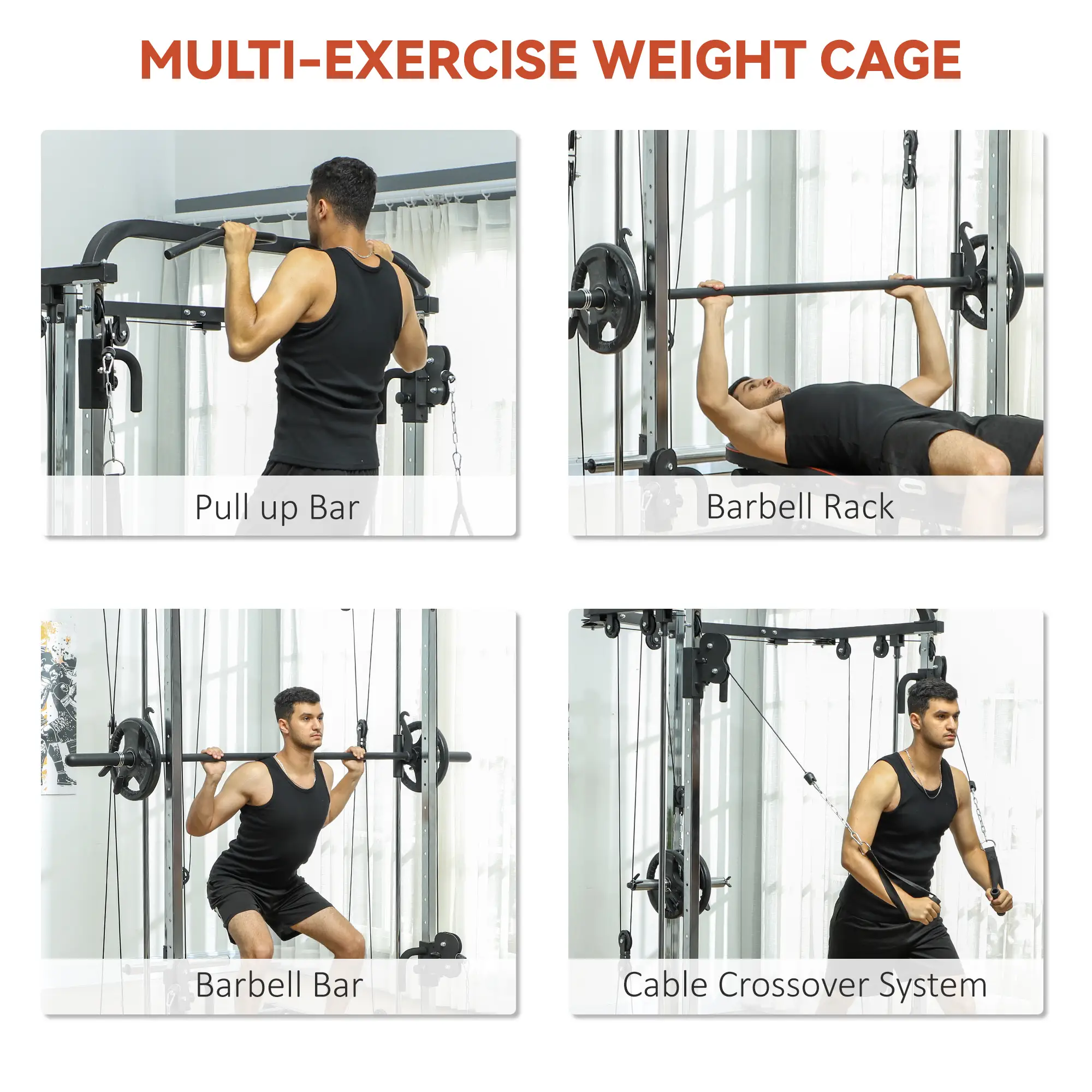 3 In 1 Smith Machine Power Rack, Cable Crossover, Pull Up Station, Squat Rack - Image 4