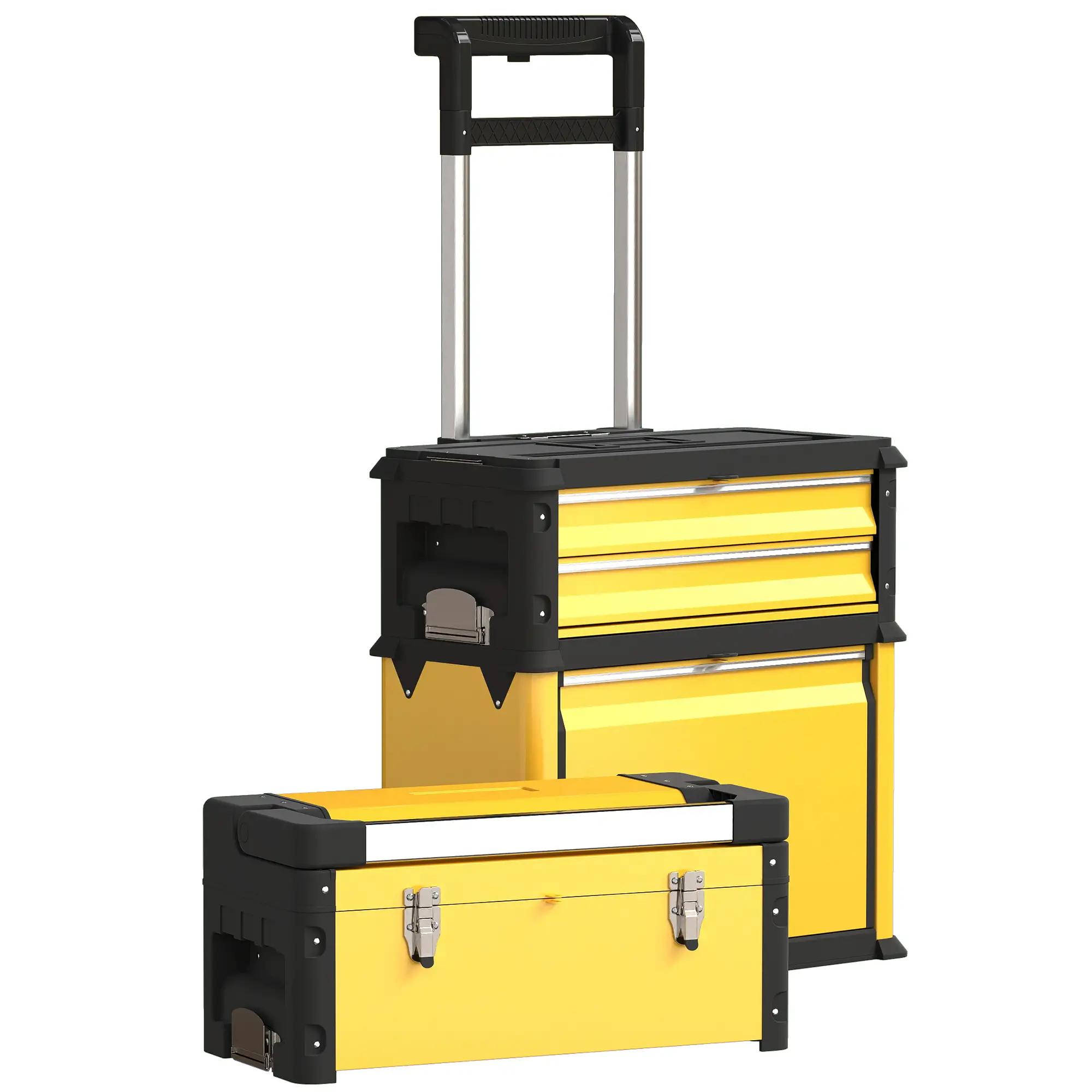 3-in-1 Tool Box with Wheels, Stackable, Modular Steel Toolbox, Yellow