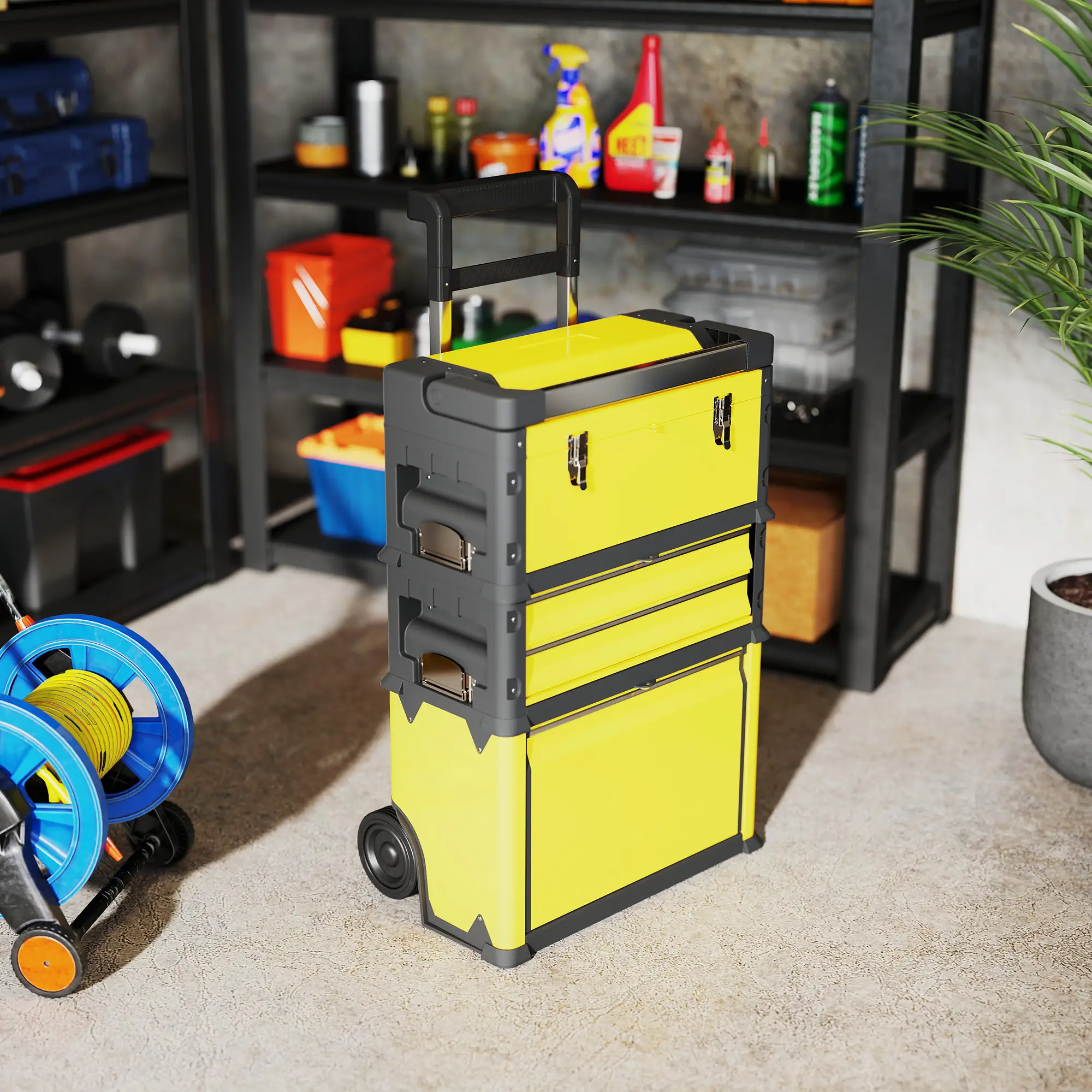 3-in-1 Tool Box with Wheels, Stackable, Modular Steel Toolbox, Yellow - Image 10