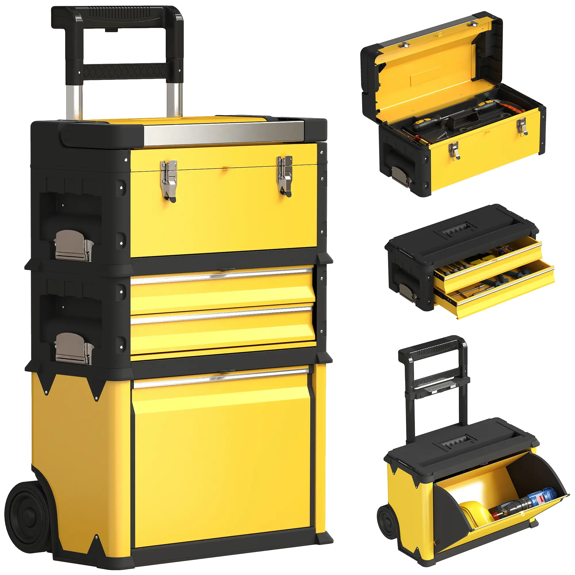 3-in-1 Tool Box with Wheels, Stackable, Modular Steel Toolbox, Yellow - Image 11