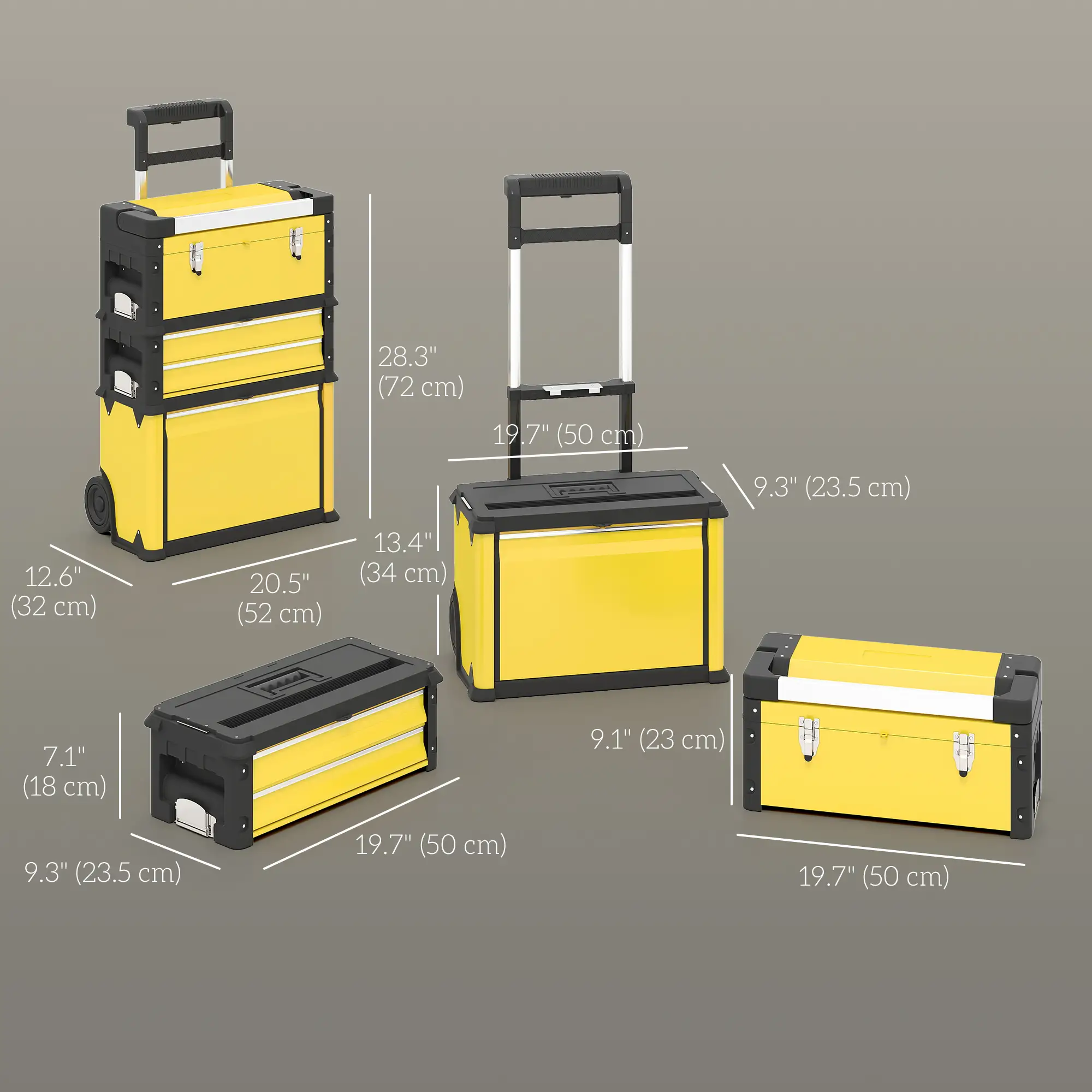 3-in-1 Tool Box with Wheels, Stackable, Modular Steel Toolbox, Yellow - Image 3
