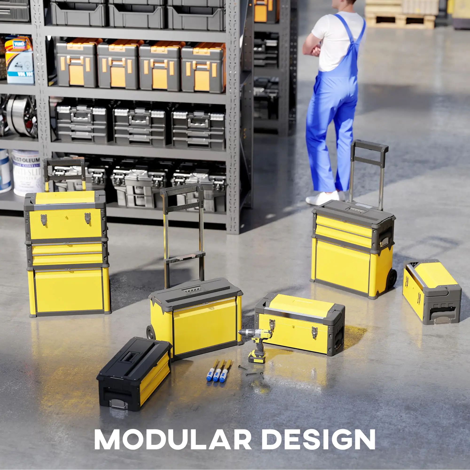 3-in-1 Tool Box with Wheels, Stackable, Modular Steel Toolbox, Yellow - Image 4