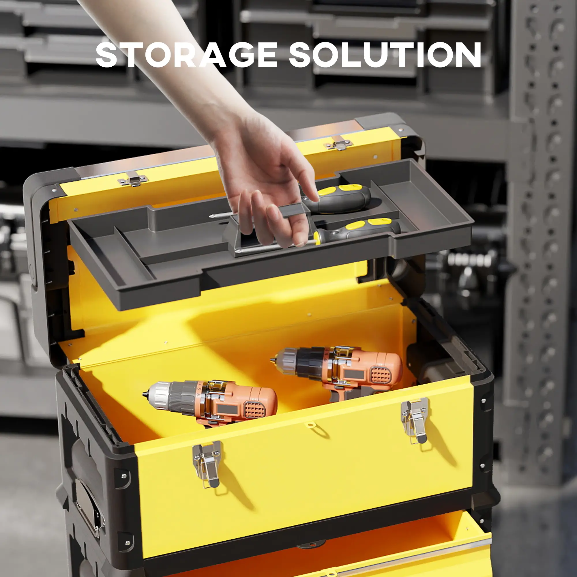 3-in-1 Tool Box with Wheels, Stackable, Modular Steel Toolbox, Yellow - Image 5