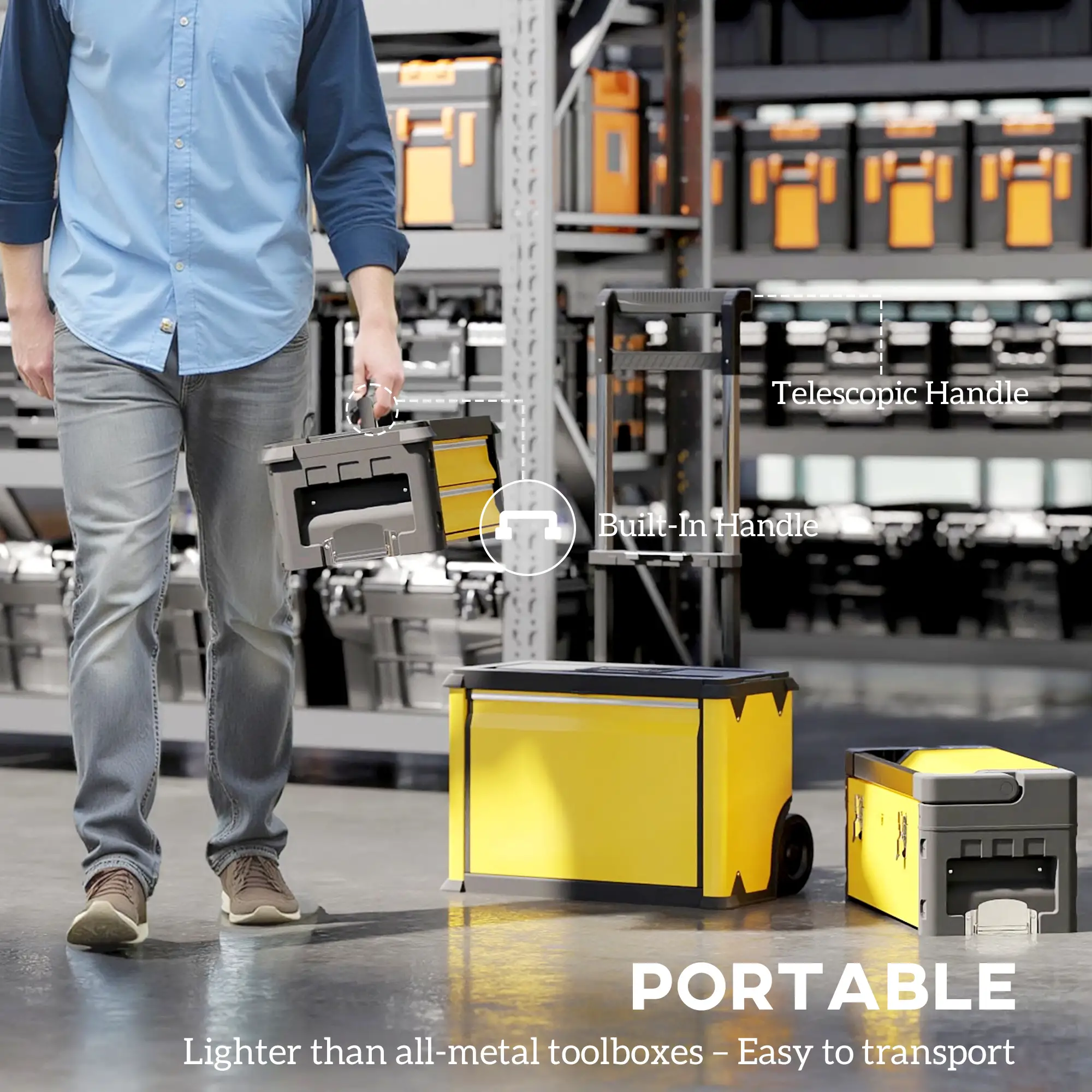 3-in-1 Tool Box with Wheels, Stackable, Modular Steel Toolbox, Yellow - Image 6