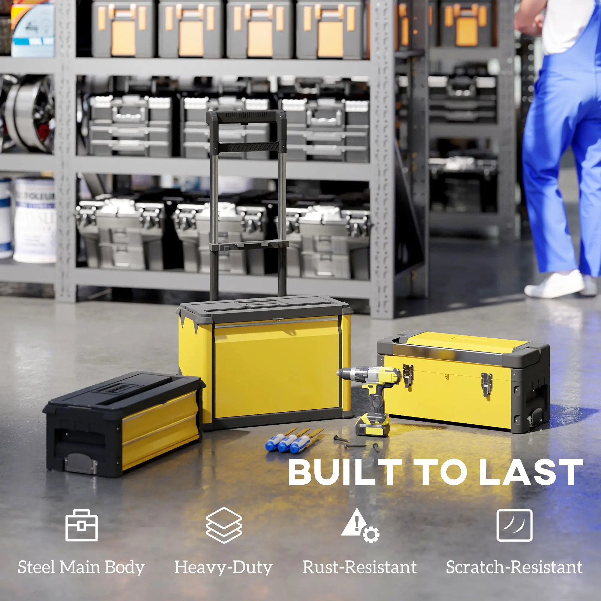 3-in-1 Tool Box with Wheels, Stackable, Modular Steel Toolbox, Yellow - Image 7
