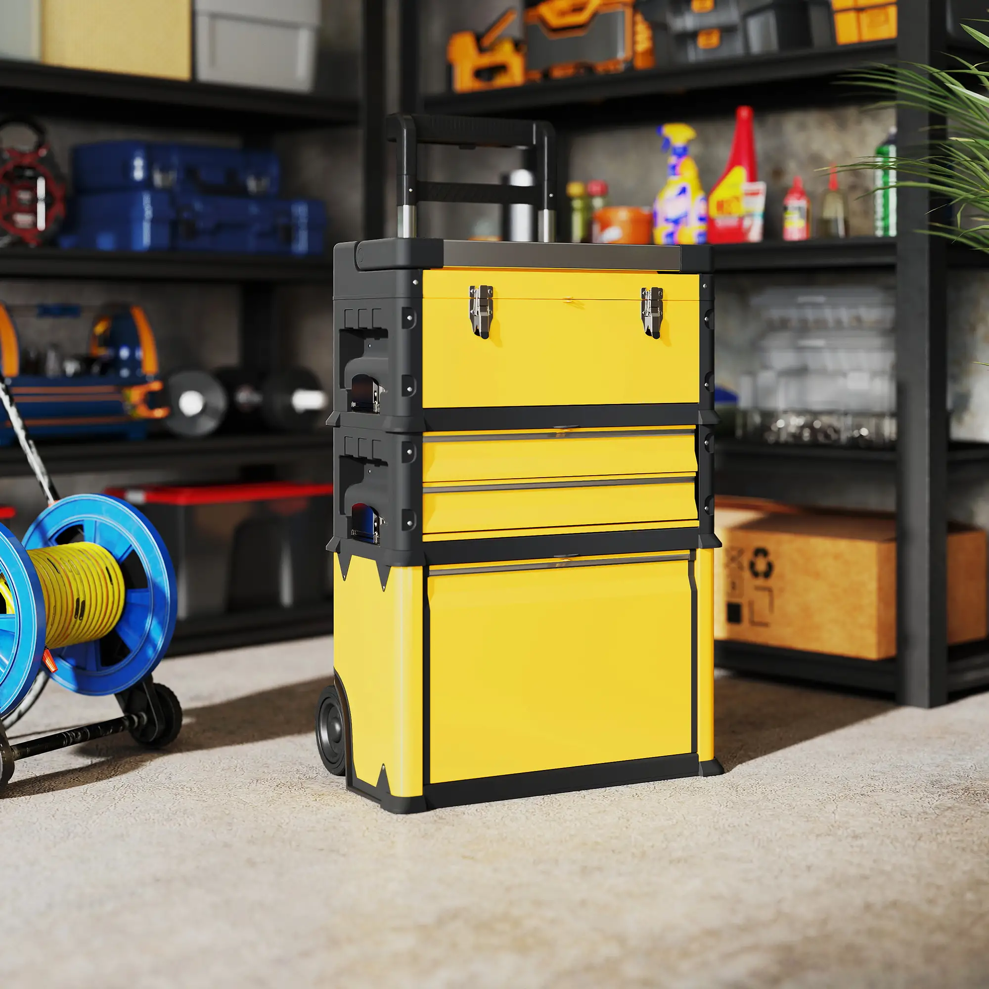 3-in-1 Tool Box with Wheels, Stackable, Modular Steel Toolbox, Yellow - Image 8