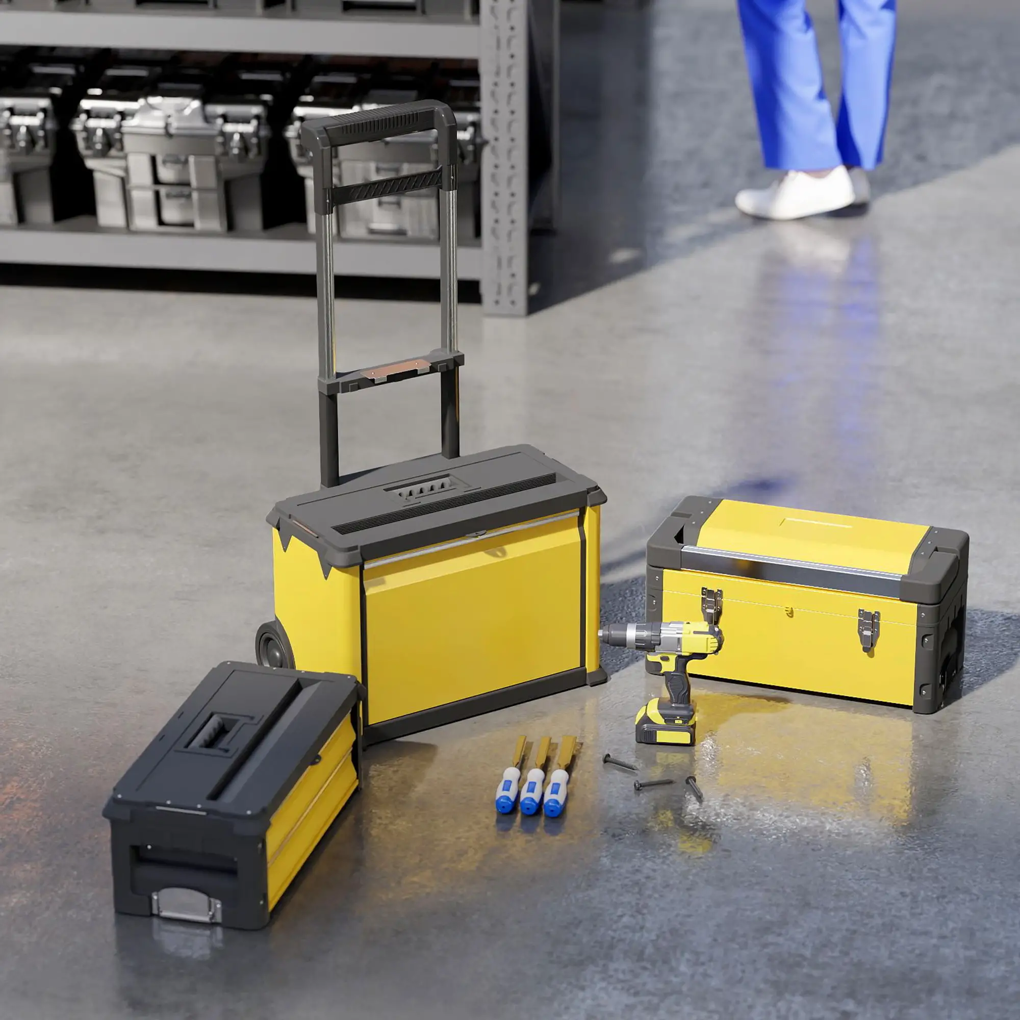 3-in-1 Tool Box with Wheels, Stackable, Modular Steel Toolbox, Yellow - Image 9