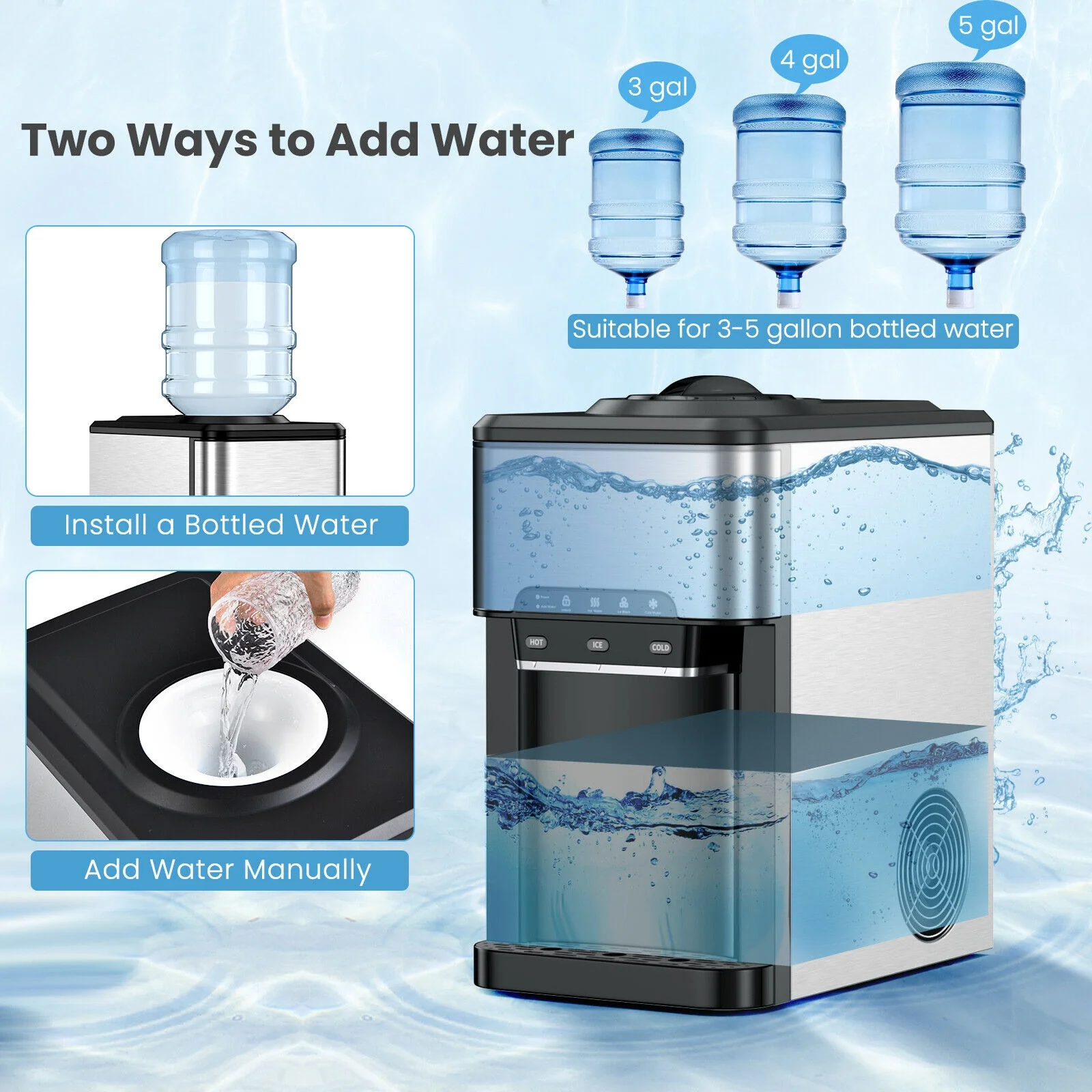 3-In-1 Water Cooler Dispenser With Ice Maker, 3 Temperature Settings, Silver - Image 10