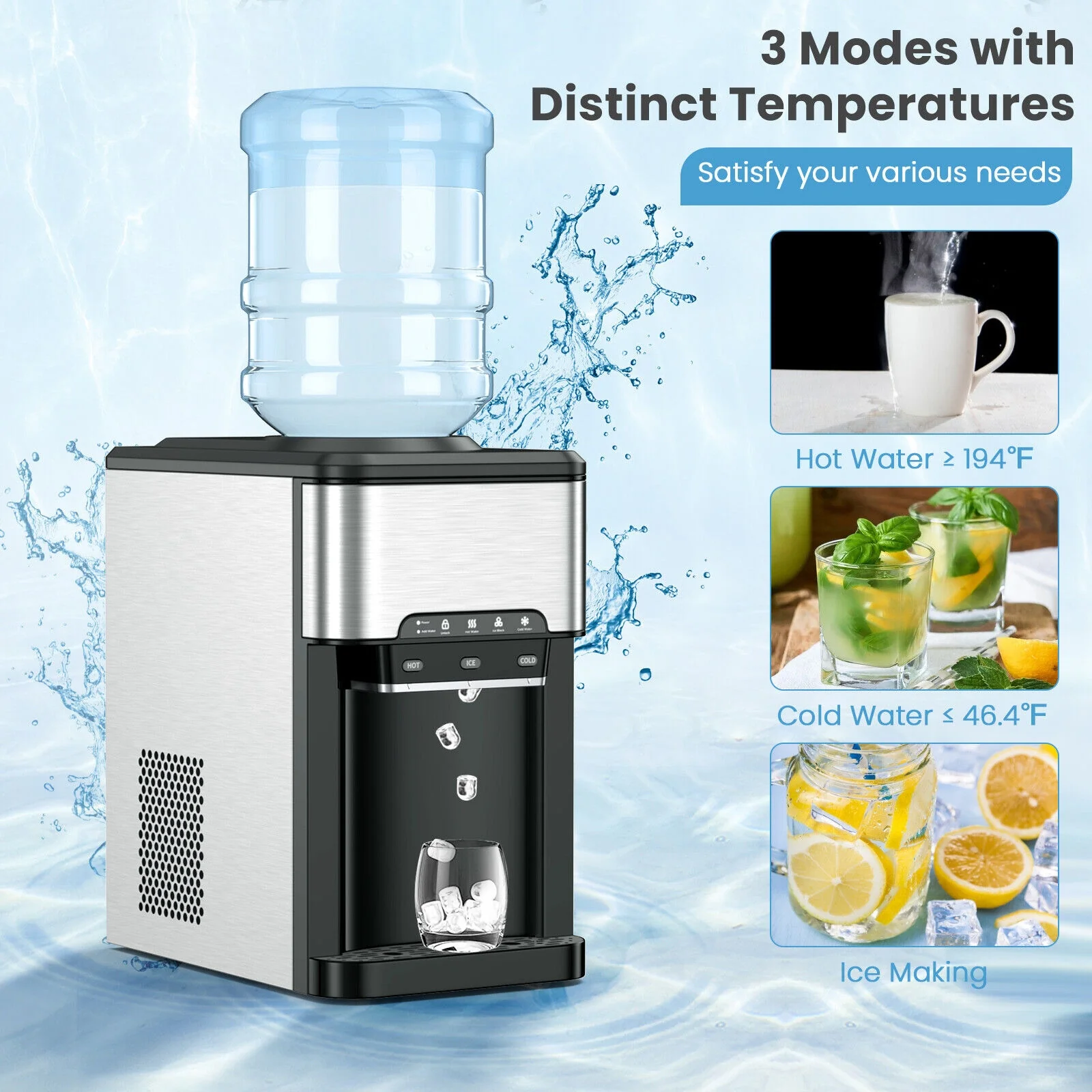 3-In-1 Water Cooler Dispenser With Ice Maker, 3 Temperature Settings, Silver - Image 9