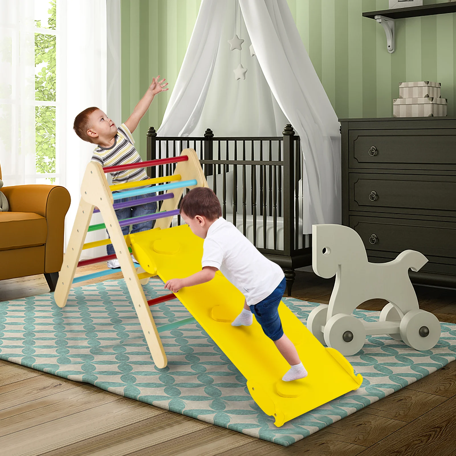 3-in-1 Wooden Climbing Triangle Set, Triangle Climber With Ramp, Multicolor - Image 2