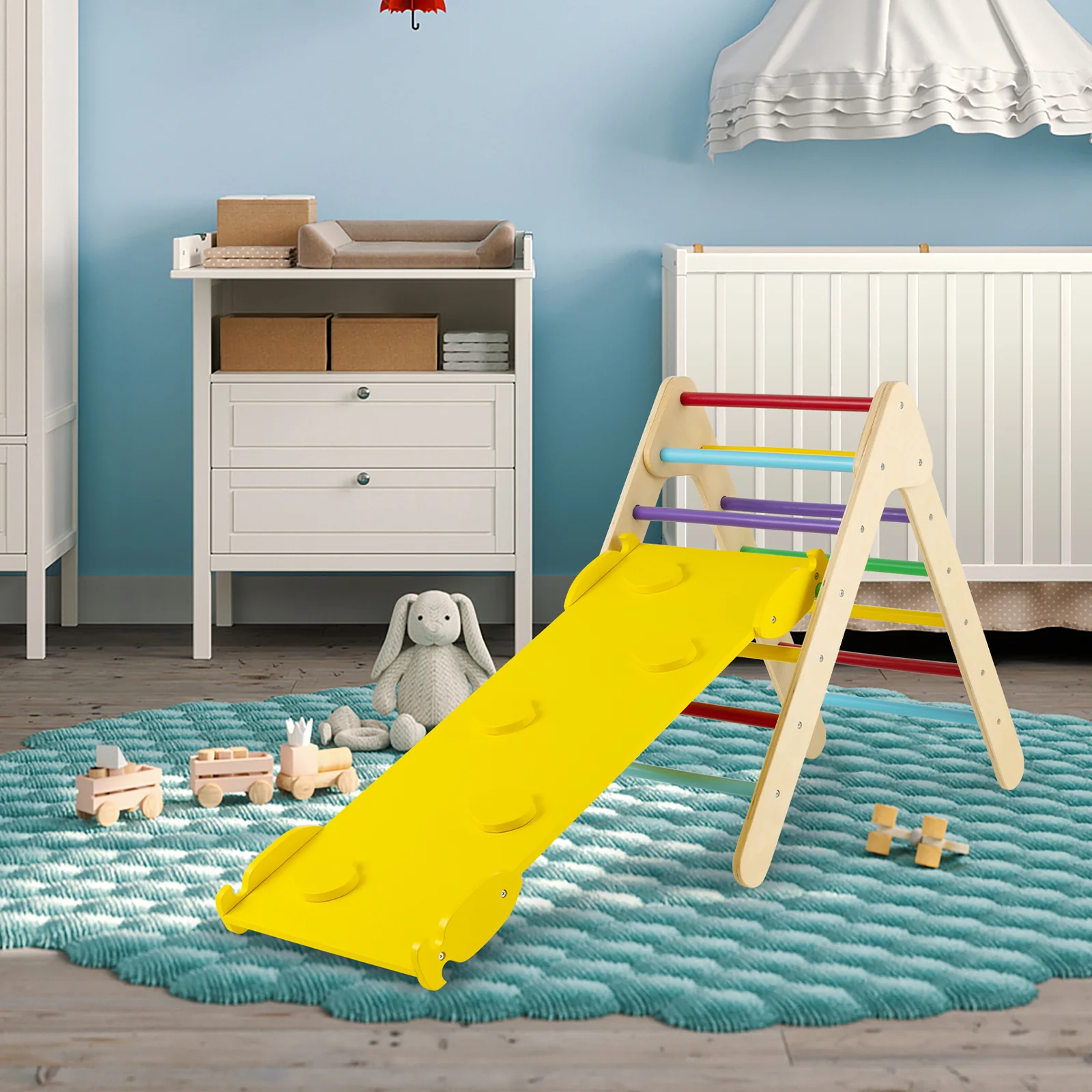 3-in-1 Wooden Climbing Triangle Set, Triangle Climber With Ramp, Multicolor - Image 3