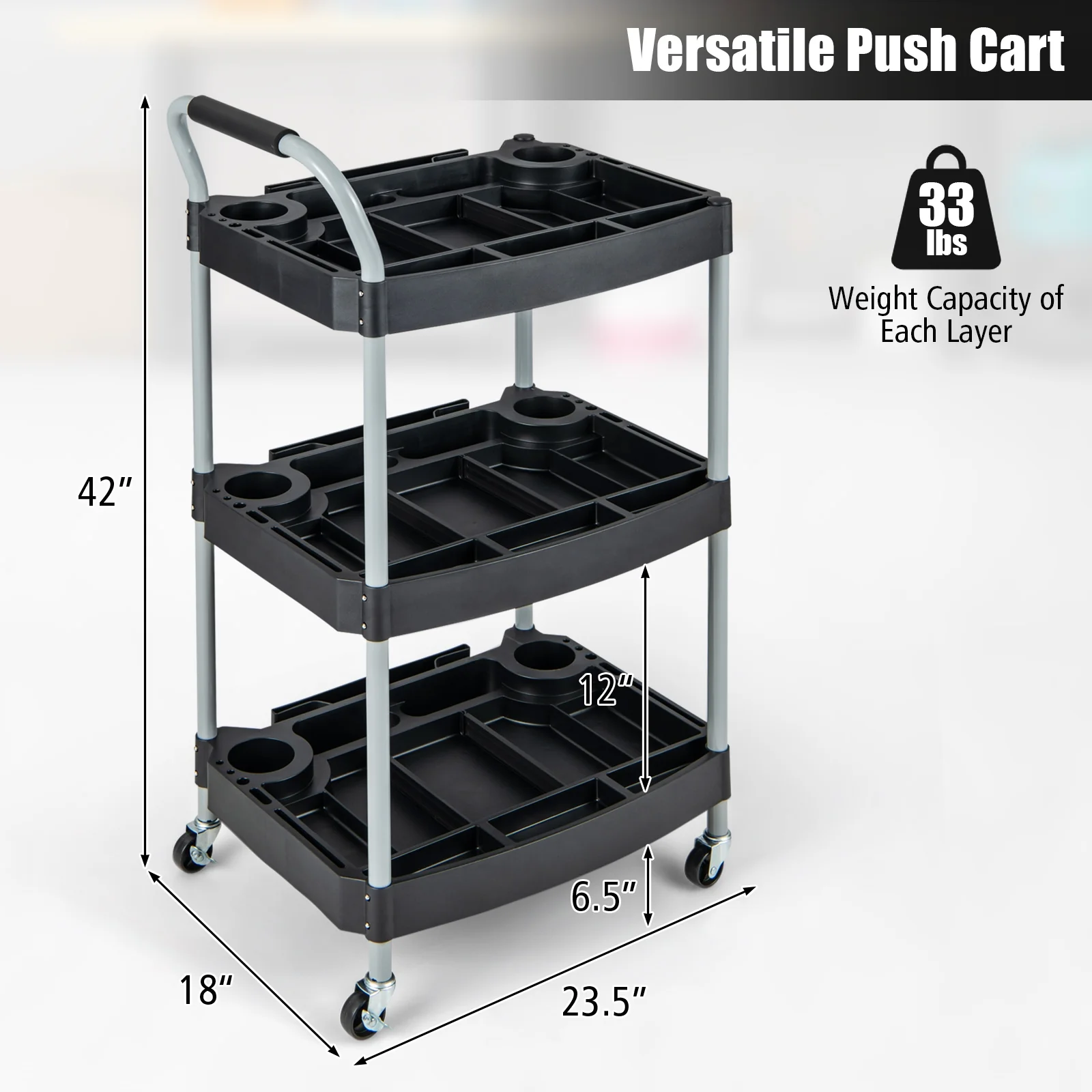 3 Layer Detailing Tool Cart, Mobile Rolling Cart, Black - Image 6