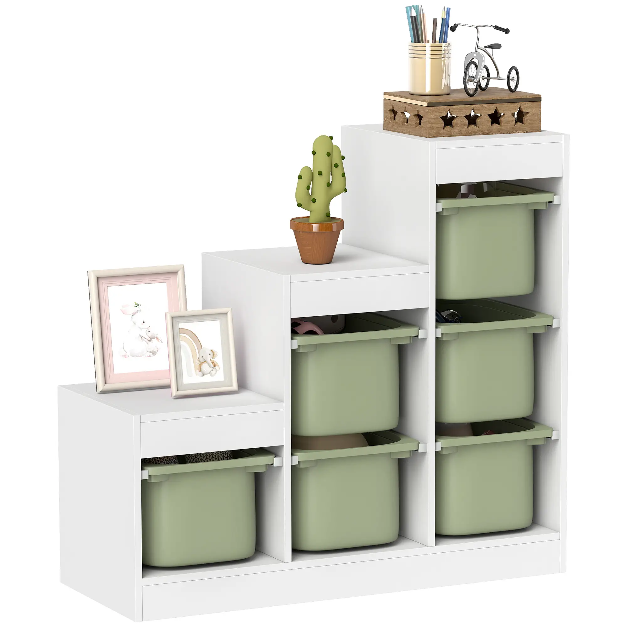 3 Layers Toy Storage Organizer, 6 Plastic Bins, Green - Image 11